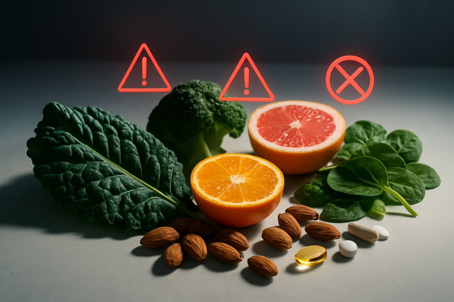 Create a realistic image of various healthy foods including leafy green vegetables, citrus fruits, nuts, and supplements arranged on a clean white surface with subtle warning symbols or red X marks hovering above certain food combinations, dramatic lighting casting shadows to create a sense of caution and concern, close-up perspective focusing on the molecular interaction concept between different nutrients, clinical laboratory-style background with soft focus, moody atmosphere suggesting hidden dangers, absolutely NO text should be in the scene.