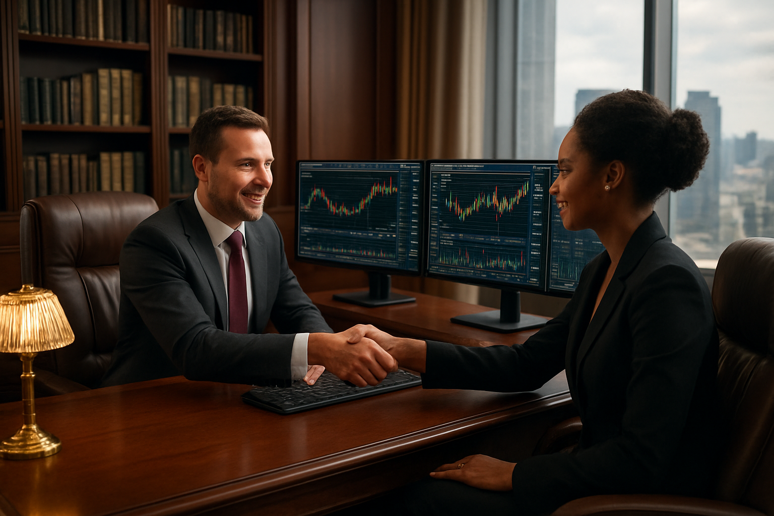 Create a realistic image of a sophisticated modern office setting with a large mahogany desk featuring multiple high-end computer monitors displaying stock market charts and financial data, luxury leather chairs, a white male financial advisor in an expensive suit shaking hands with a well-dressed black female client across the desk, elegant bookshelves filled with financial publications in the background, warm ambient lighting from a crystal desk lamp and natural light streaming through floor-to-ceiling windows overlooking a city skyline, creating a professional and successful atmosphere that conveys wealth management and investment expertise, absolutely NO text should be in the scene.