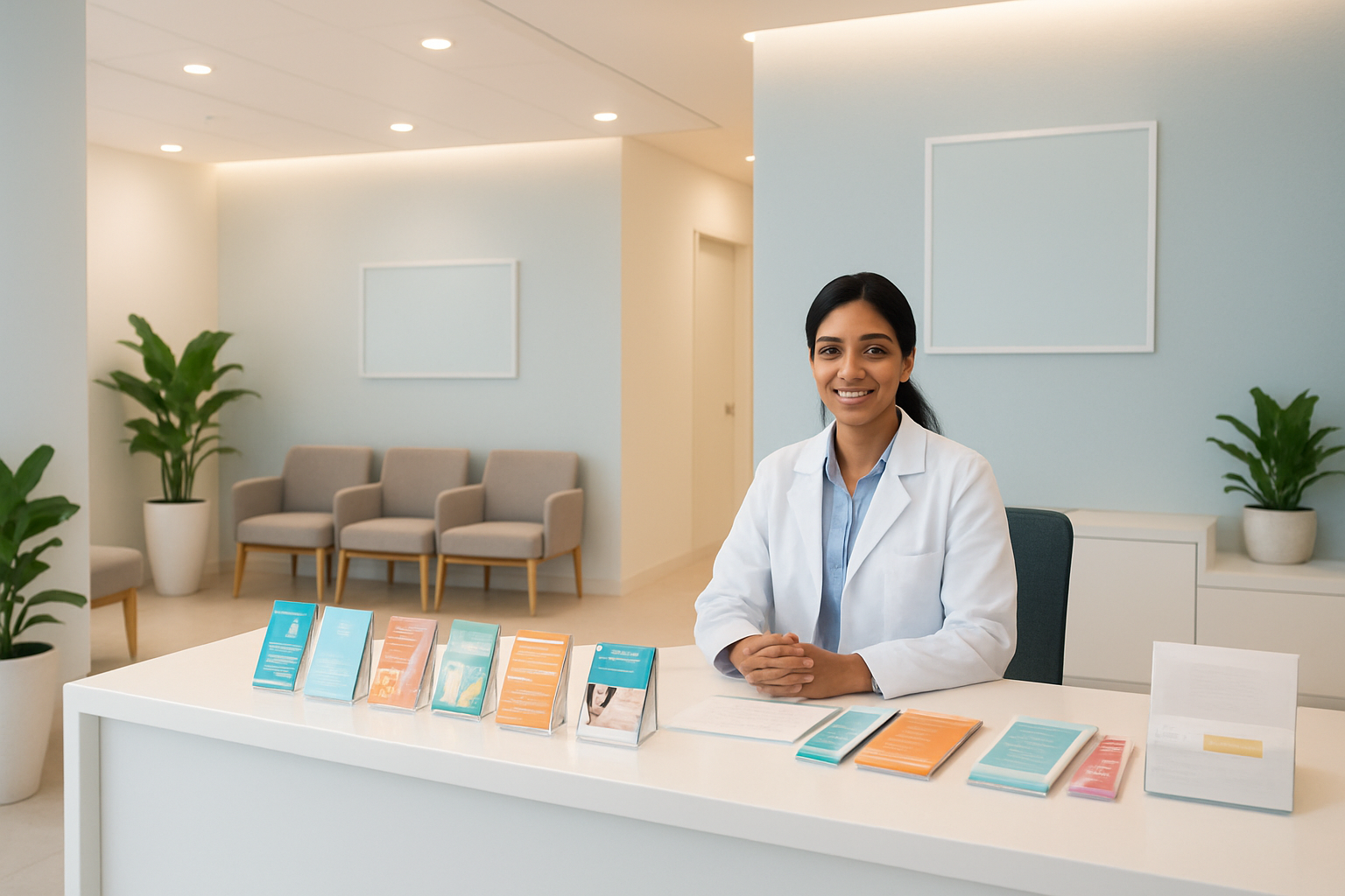 Create a realistic image of a modern Indian dermatology clinic reception area with a sleek counter displaying colorful brochures and treatment package information cards arranged neatly, a female Indian receptionist in professional attire sitting behind the desk, soft ambient lighting creating a welcoming atmosphere, clean white and light blue interior design with potted plants, comfortable seating area in the background, and a professional medical environment that conveys affordability and quality healthcare services, absolutely NO text should be in the scene.