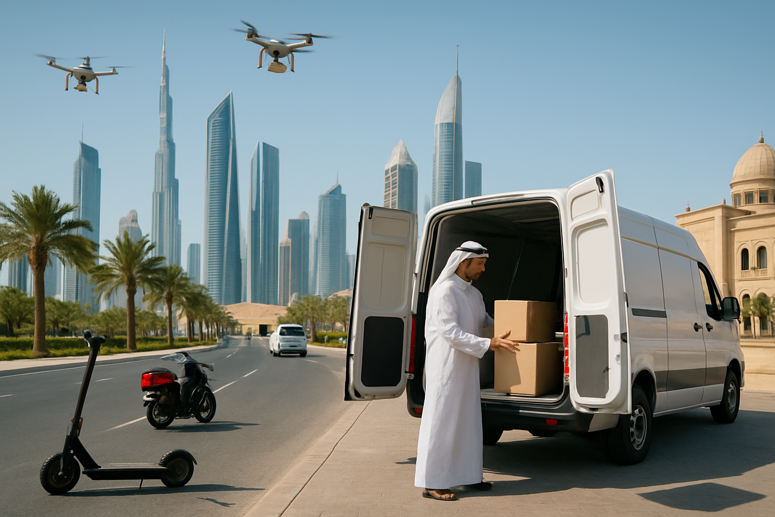Create a realistic image of a modern Gulf region cityscape showcasing diverse last mile delivery methods, featuring a Middle Eastern male delivery worker in traditional white thobe loading packages from a delivery van, with modern skyscrapers and traditional architecture in the background, desert sand dunes visible in the distance, clear blue sky with bright sunlight, delivery drones flying overhead, electric scooters parked nearby, and various delivery vehicles including motorcycles and small trucks on wide modern roads with palm trees lining the streets, capturing the blend of traditional and modern logistics infrastructure in the Arabian Peninsula, absolutely NO text should be in the scene.