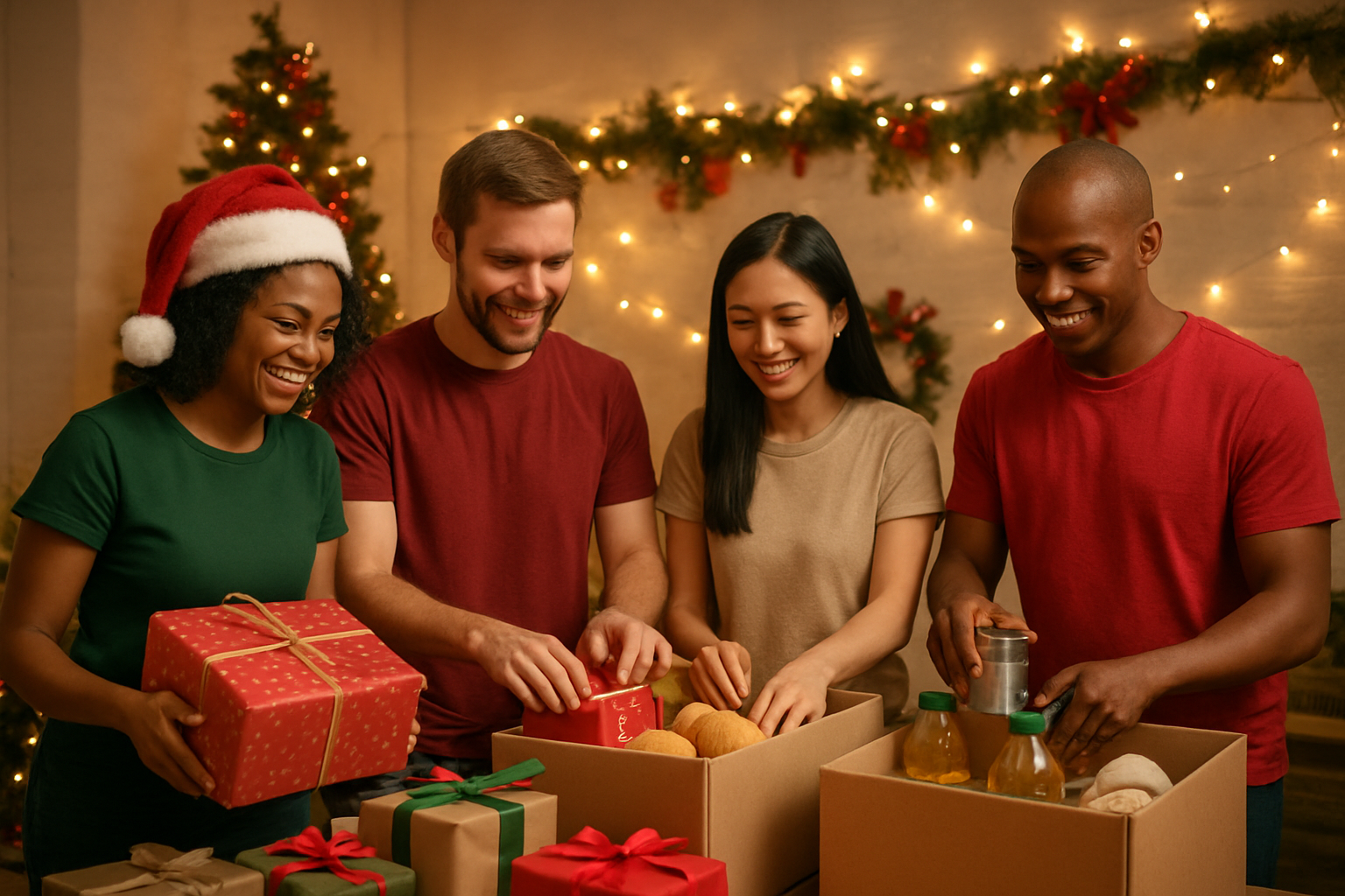 Create a realistic image of diverse volunteers of different races and genders working together in a warm, festive charity setting during Christmas time, with people sorting wrapped gifts, preparing food packages, and organizing donations, surrounded by Christmas decorations like garland and warm string lights, creating a joyful and community-spirited atmosphere that conveys the spirit of giving and holiday volunteerism, absolutely NO text should be in the scene.