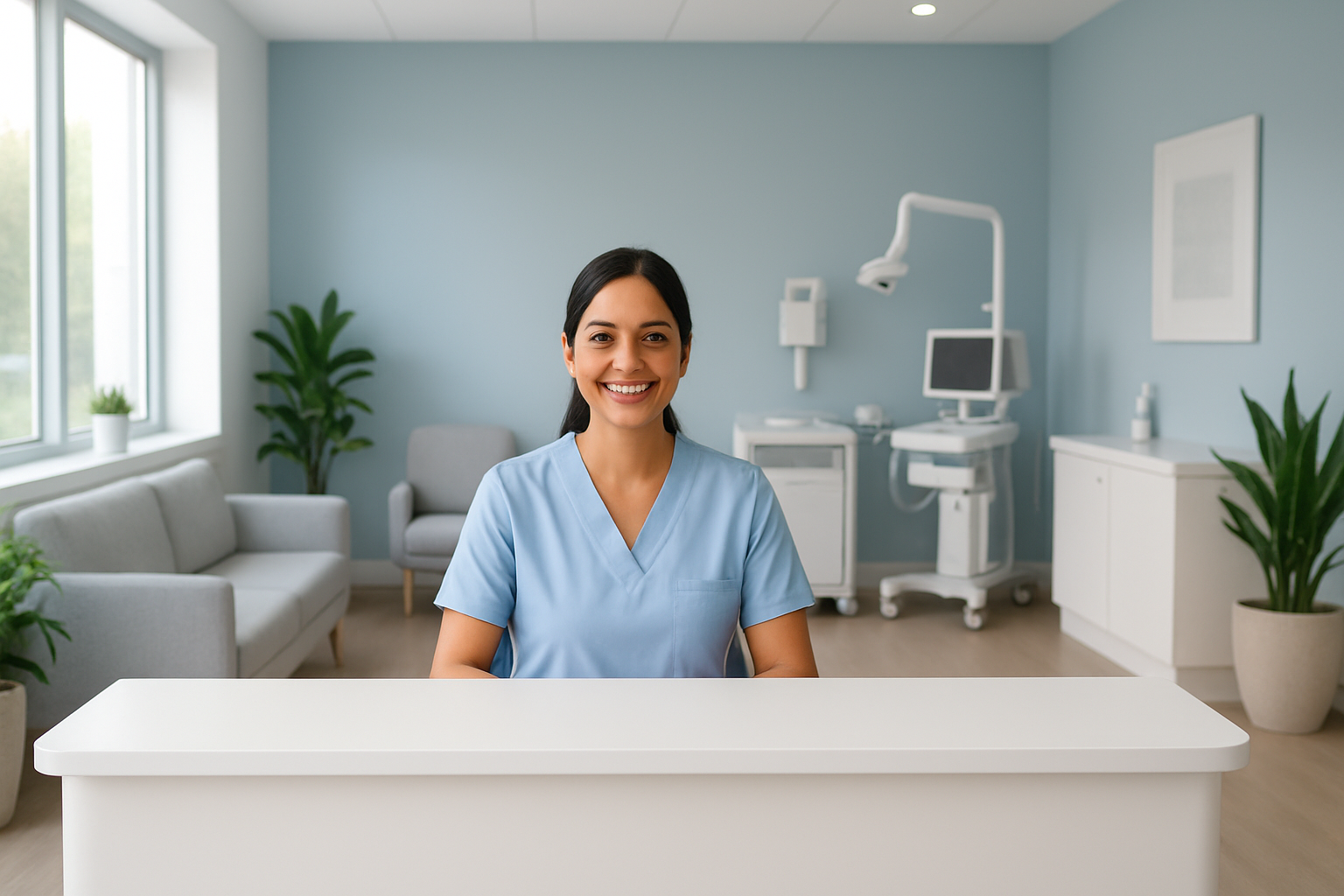 Create a realistic image of a modern dermatology clinic reception area in Bengaluru with a smiling South Asian female receptionist behind a sleek white reception desk, featuring contemporary medical equipment visible in the background, warm natural lighting from large windows, comfortable seating area with plants, clean minimalist design with soft blue and white color scheme, professional medical atmosphere conveying trust and expertise, absolutely NO text should be in the scene.