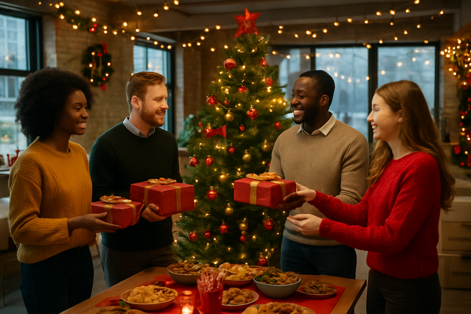 Create a realistic image of a modern office space decorated for Christmas showing diverse colleagues including white and black males and females gathered around a beautifully decorated Christmas tree, with some people exchanging wrapped gifts while others arrange food on a nearby table, featuring warm string lights illuminating the scene, festive red and gold decorations throughout the workspace, donation boxes visible in the background, and a cozy atmosphere that conveys celebration, teamwork, and holiday joy, with natural lighting from large windows combined with soft warm interior lighting, absolutely NO text should be in the scene.