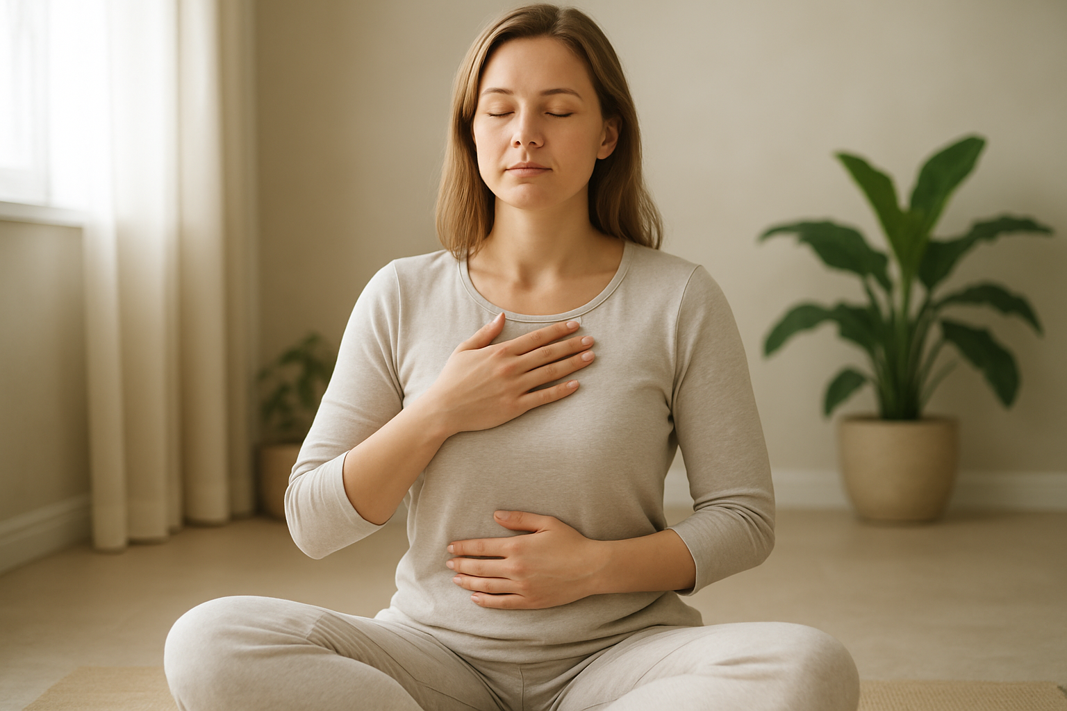 Create a realistic image of a calm white female in her 30s sitting cross-legged in a peaceful indoor setting, eyes gently closed, one hand on her chest and the other on her abdomen demonstrating deep breathing technique, wearing comfortable light-colored clothing, with soft natural lighting streaming through a nearby window, a serene minimalist background with neutral tones, plants visible in the background creating a tranquil atmosphere, the scene conveying immediate stress relief and mindful breathing practice, absolutely NO text should be in the scene.