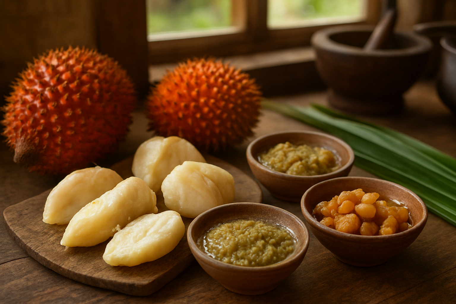 Create a realistic image of fresh pandanus fruits in various stages of preparation for cooking, including whole spiky orange-red fruits, peeled segments showing the white flesh inside, and small bowls containing different pandanus-based preparations like paste, juice, and cooked pieces, arranged on a rustic wooden kitchen counter with traditional cooking utensils nearby, warm natural lighting from a window, tropical kitchen setting with some green pandanus leaves as garnish, close-up detailed view showing the texture and vibrant colors of the fruit and its culinary applications, absolutely NO text should be in the scene.