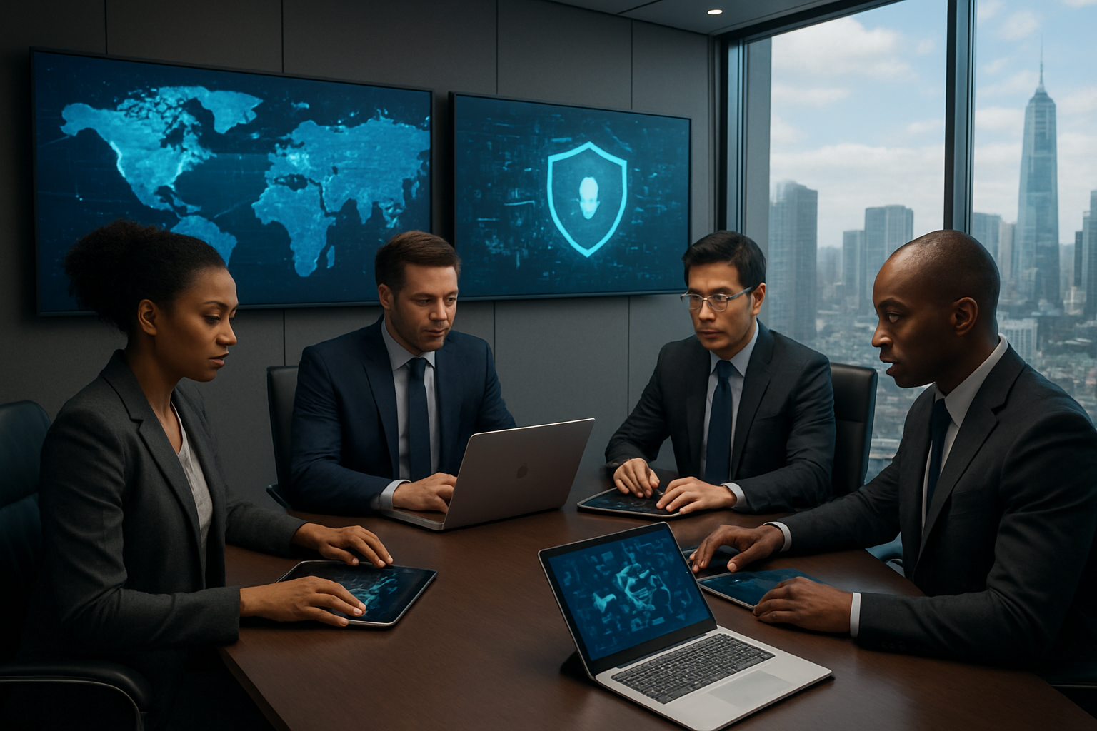 Create a realistic image of a modern corporate boardroom with diverse business professionals including white male, black female, and Asian male executives seated around a sleek conference table, reviewing digital tablets and laptops displaying network diagrams and cloud infrastructure visualizations, with large wall-mounted screens showing global data flow maps and security shields, set against floor-to-ceiling windows overlooking a futuristic city skyline, professional lighting with a forward-thinking and strategic atmosphere, absolutely NO text should be in the scene.