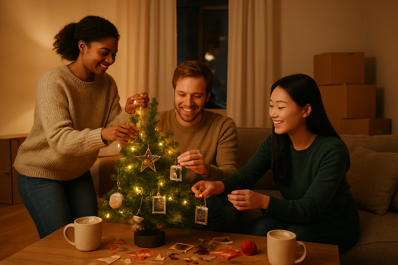 Create a realistic image of a cozy living room scene showing a diverse group of people - a black female, white male, and Asian female - decorating a small Christmas tree together in what appears to be a modern apartment setting, with handmade ornaments, string lights being hung, and personal photographs being added as decorations, warm golden lighting from table lamps creating an intimate atmosphere, moving boxes still visible in the background suggesting a recent move, with hot cocoa mugs on a coffee table and crafting materials scattered around showing the creation of new personalized holiday decorations, absolutely NO text should be in the scene.