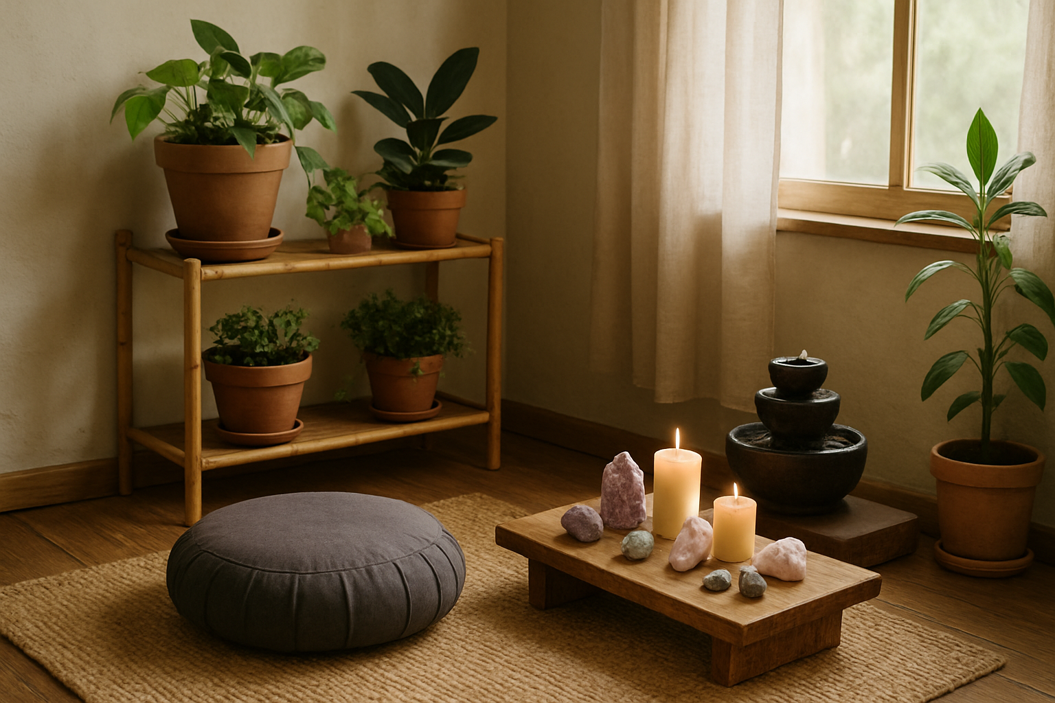 Create a realistic image of a serene indoor space showing practical grounding elements including potted plants on wooden shelves, soft natural lighting streaming through a window, a comfortable meditation cushion on a woven rug, crystals and stones arranged on a wooden table, burning candles, a small water fountain, and earthy natural materials like bamboo and wood creating a peaceful sanctuary atmosphere. Absolutely NO text should be in the scene.