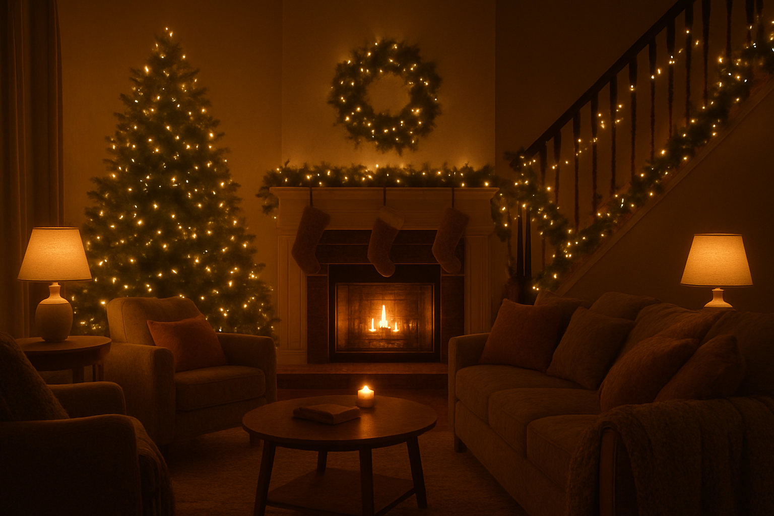 Create a realistic image of a cozy living room transformed with festive Christmas lighting, featuring a beautifully decorated Christmas tree with warm white LED lights in the corner, string lights draped along the mantelpiece above a fireplace, soft ambient lighting from table lamps with warm bulbs, garlands with twinkling lights wrapped around stair railings, comfortable seating area with throw pillows and blankets, warm golden and amber lighting creating a magical holiday atmosphere, evening indoor setting with soft shadows and glowing light sources throughout the space, absolutely NO text should be in the scene.
