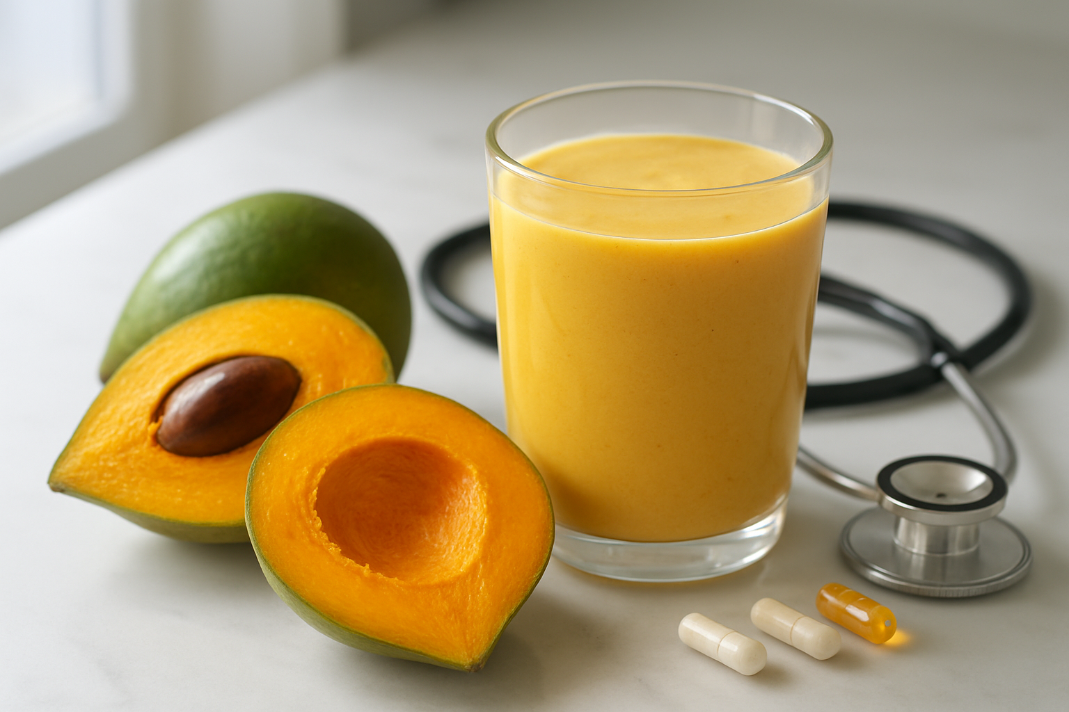 Create a realistic image of fresh lucuma fruits cut in half displaying their vibrant orange flesh alongside a glass of golden lucuma smoothie, surrounded by subtle health symbols like a stethoscope and vitamin capsules on a clean white marble countertop, with soft natural lighting from a nearby window creating gentle shadows, conveying wellness and nutritional transformation. Absolutely NO text should be in the scene.
