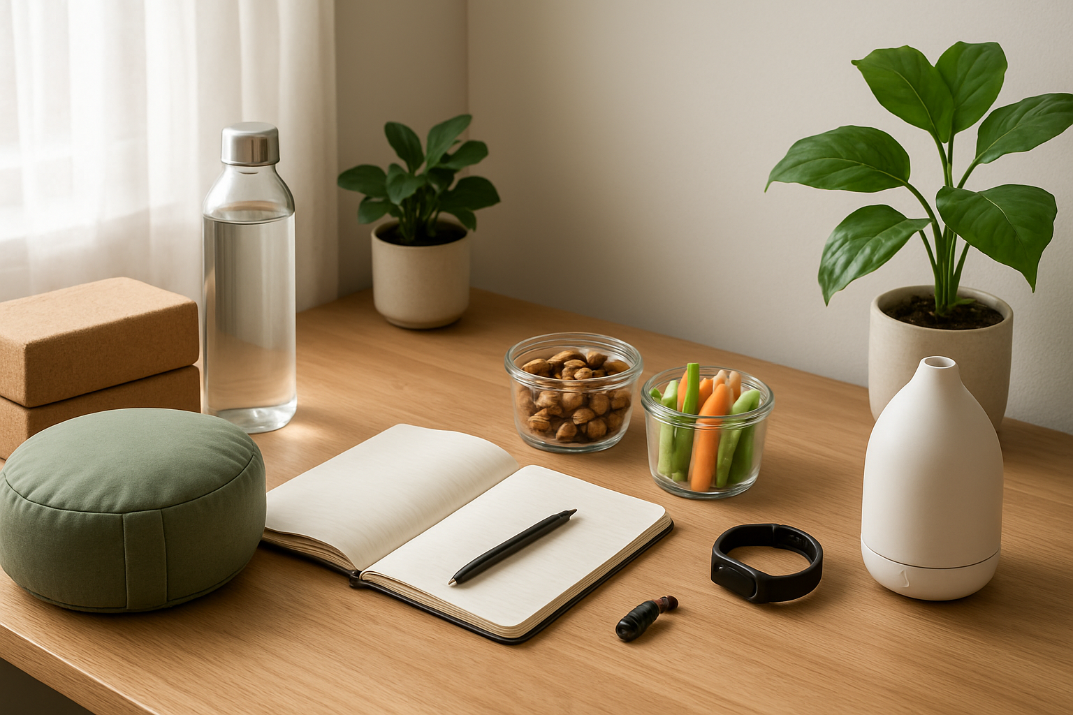 Create a realistic image of a serene wellness workspace featuring an organized wooden desk with practical lifestyle tools including a journal with a pen, a water bottle, yoga blocks, a meditation cushion, fresh green plants, healthy snacks in glass containers, a fitness tracker, and essential oil diffuser, all arranged thoughtfully on and around the desk, with soft natural lighting streaming through a nearby window, creating a peaceful and motivating atmosphere for personal transformation, absolutely NO text should be in the scene.