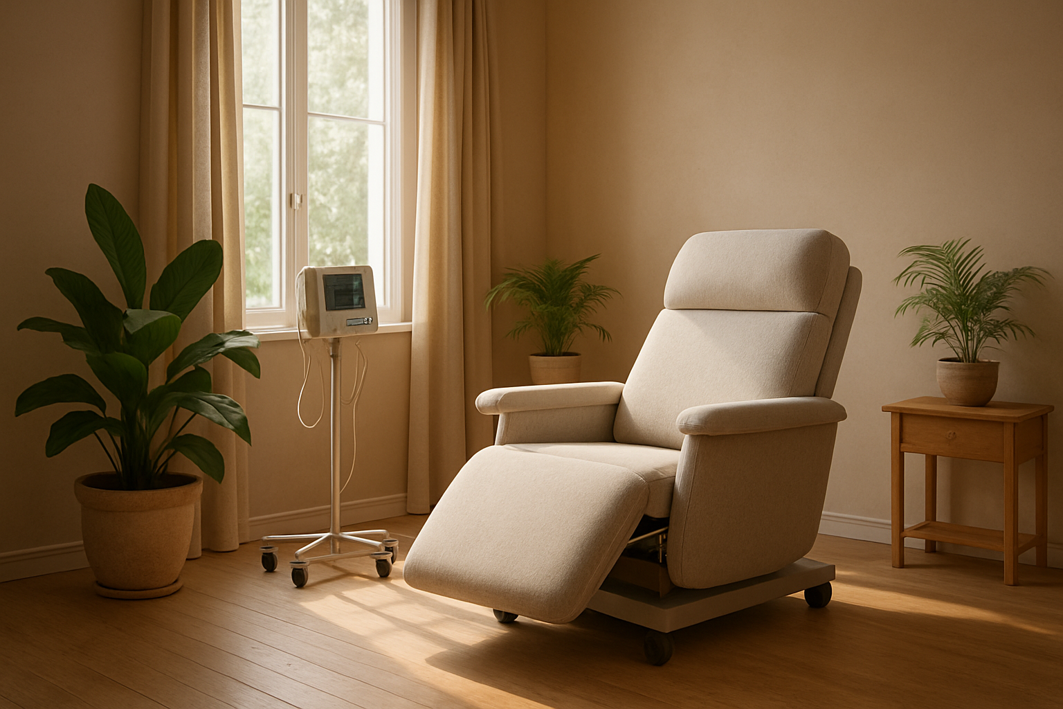 Create a realistic image of a serene medical treatment room with a comfortable reclining chair or bed, soft natural lighting streaming through windows, potted plants creating a calming atmosphere, medical monitoring equipment discretely positioned nearby, a peaceful and safe environment suggesting holistic healing, warm earth tones and natural materials, absolutely NO text should be in the scene.