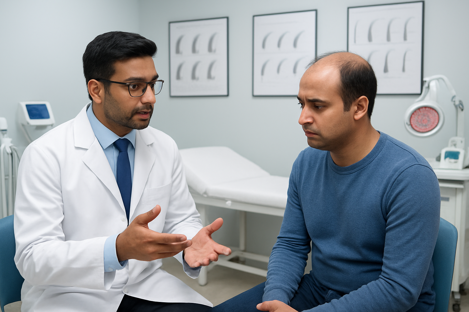 Create a realistic image of a modern medical consultation room with a professional South Asian male doctor in a white coat explaining hair loss treatment options to a concerned Indian male patient with visible hair thinning, featuring a clean white examination table, medical charts showing hair growth patterns on the wall, advanced non-surgical hair treatment equipment including laser therapy devices and scalp analysis tools in the background, bright clinical lighting, professional healthcare atmosphere with blue and white color scheme, absolutely NO text should be in the scene.