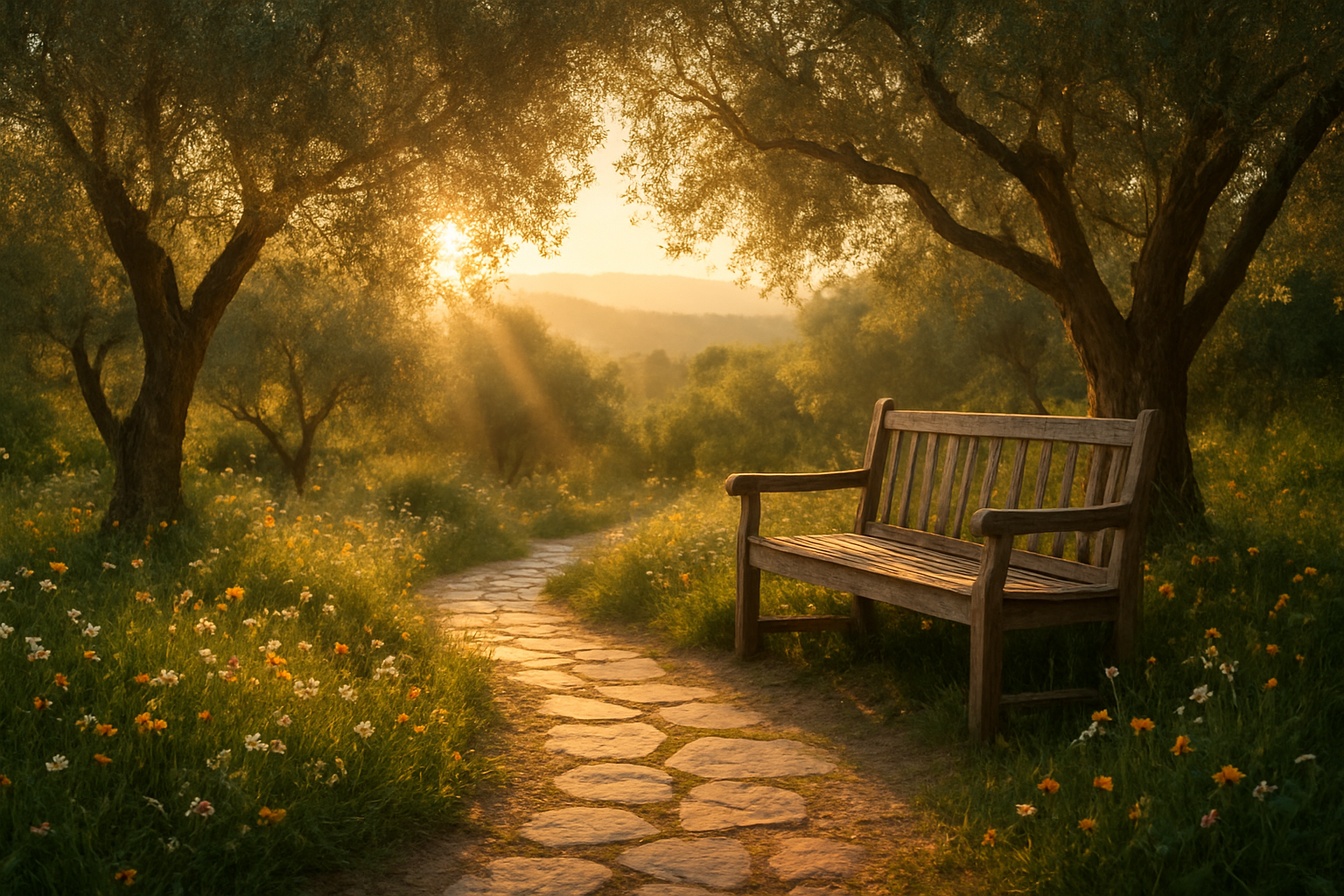 Create a realistic image of a peaceful garden scene at golden hour with soft, warm sunlight filtering through olive trees, featuring a stone path winding through the garden with small wildflowers blooming along the edges, a weathered wooden bench positioned under the trees for quiet reflection, gentle rays of light creating a serene and contemplative atmosphere, with distant rolling hills visible in the background, conveying a sense of spiritual peace, faith, and quiet strength, absolutely NO text should be in the scene.