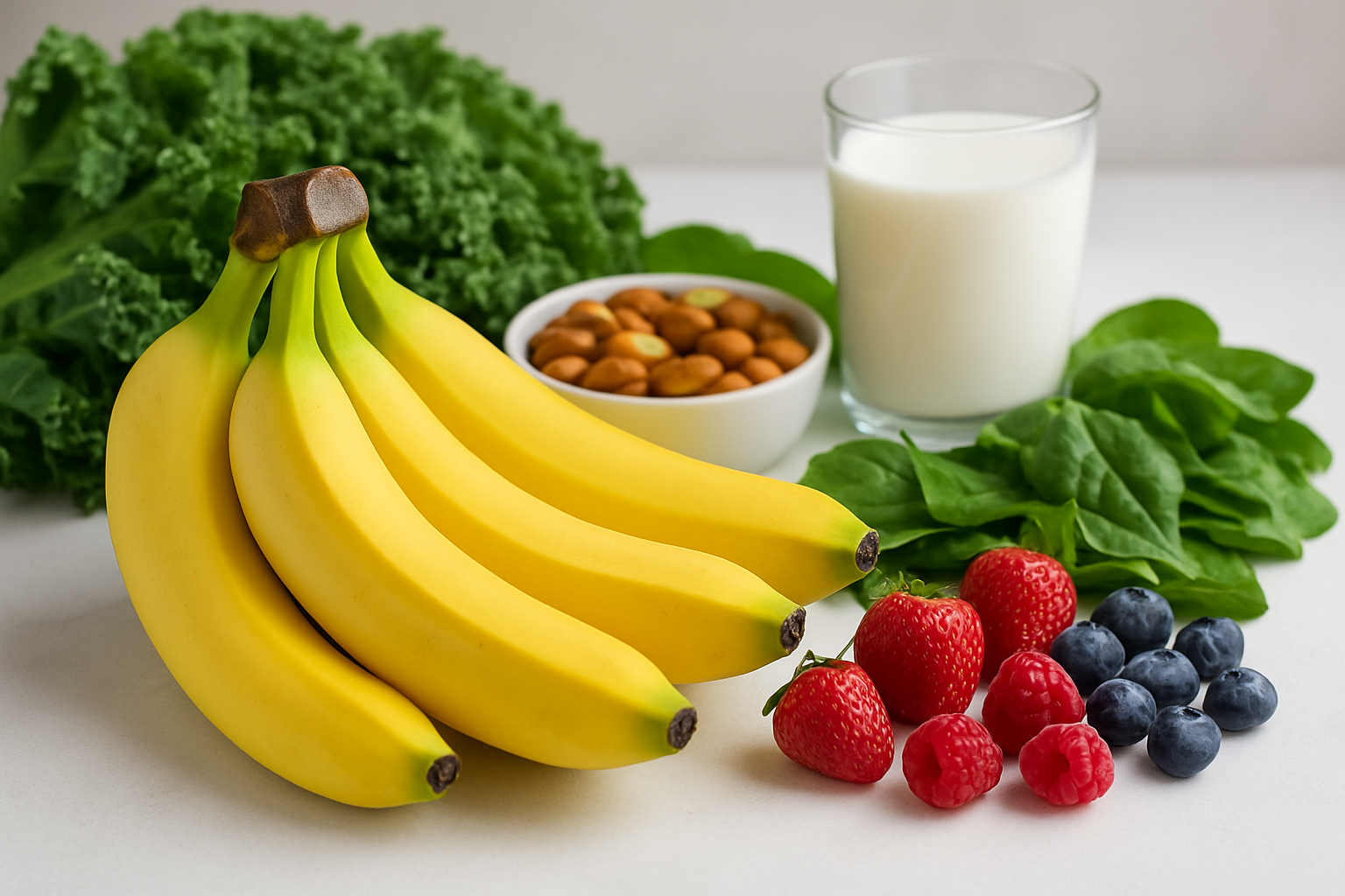 Create a realistic image of fresh Cavendish bananas arranged on a clean white surface alongside colorful healthy foods including leafy green vegetables, nuts, berries, and a glass of milk, with soft natural lighting highlighting the vibrant yellow bananas and nutritious foods, creating a fresh and wholesome atmosphere that emphasizes health and nutrition, absolutely NO text should be in the scene.
