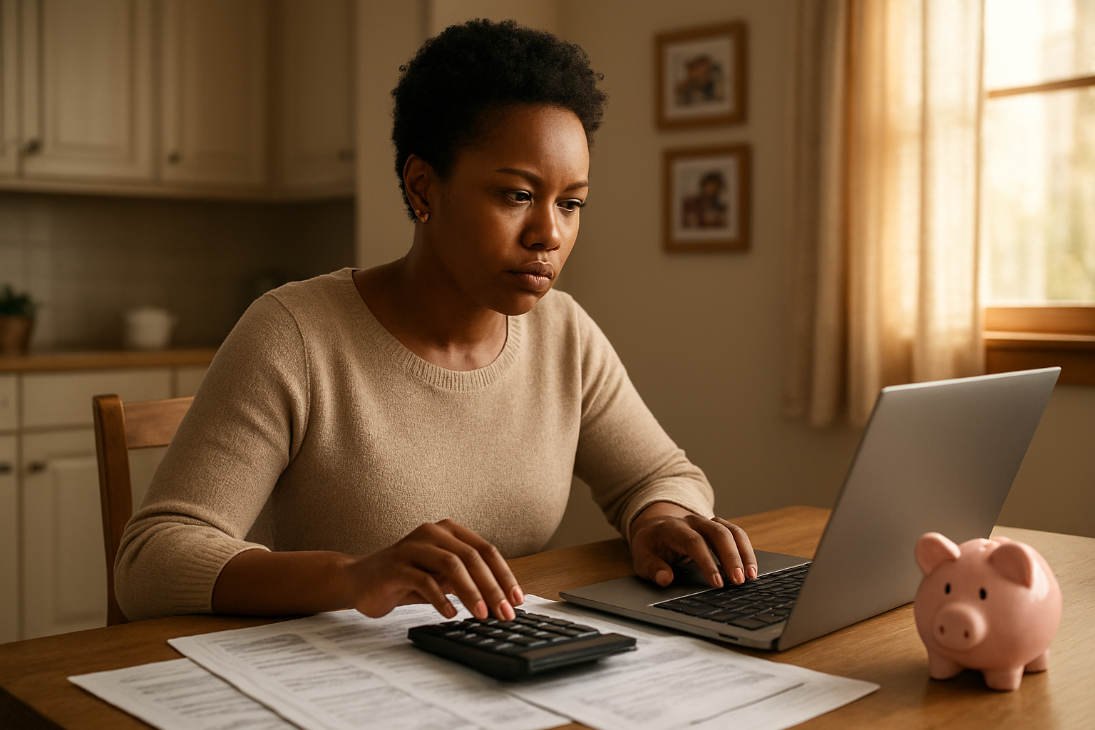 Create a realistic image of a confident black female single mother sitting at a kitchen table with a laptop open, calculator, and organized financial documents spread out, with a piggy bank and bills nearby, warm natural lighting coming through a window, showing determination and focus as she manages her finances, with a cozy home interior in the background featuring family photos on the wall, absolutely NO text should be in the scene.