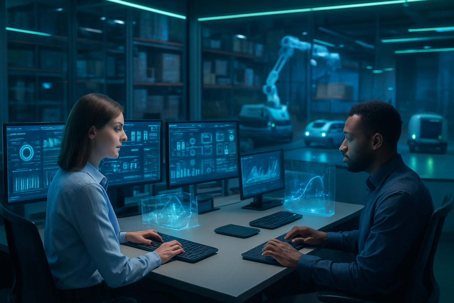 Create a realistic image of a modern logistics control center with multiple computer monitors displaying AI-powered analytics dashboards, robotic warehouse equipment in the background, autonomous delivery vehicles, and holographic data visualizations floating above control panels, featuring a diverse team of professionals including a white female logistics manager and a black male data analyst working at high-tech workstations, with blue and green LED lighting creating a futuristic atmosphere, showing the integration of artificial intelligence and generative AI technologies in supply chain operations, absolutely NO text should be in the scene.