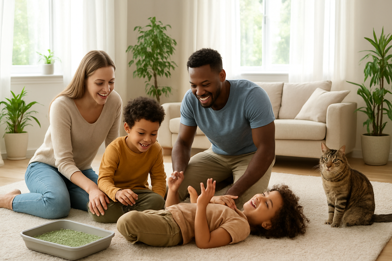 Create a realistic image of a bright, airy living room with a happy diverse family including a white mother, black father, and their mixed-race children playing together on a clean carpet, with a small litter box containing green eco-friendly litter visible in the corner, fresh air flowing through open windows with sheer curtains, indoor plants scattered around the room, soft natural sunlight illuminating the space, and a content tabby cat nearby, conveying a sense of freshness and clean air quality throughout the home environment, absolutely NO text should be in the scene.