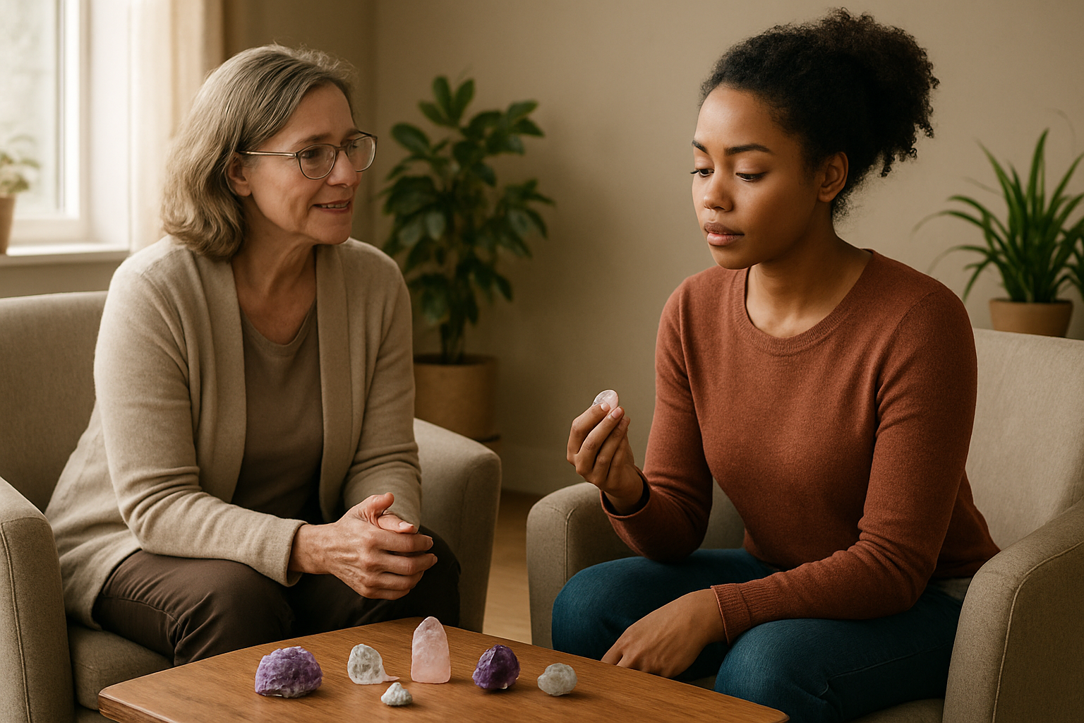 Create a realistic image of a serene therapy or counseling setting with a middle-aged white female therapist sitting across from a young black female client, both engaged in conversation, with various colorful crystals (amethyst, quartz, rose quartz) arranged on a wooden table between them, soft natural lighting streaming through a window, comfortable chairs and plants in the background creating a calming atmosphere, the client holding a small crystal while appearing thoughtful and relaxed, warm earth-toned color palette, professional yet welcoming environment that suggests psychological healing and mindfulness practices, absolutely NO text should be in the scene.