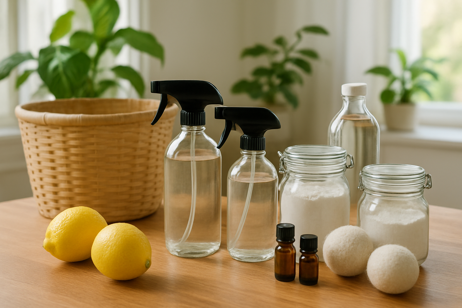 Create a realistic image of eco-friendly laundry supplies and natural cleaning products arranged on a wooden countertop, including glass spray bottles with plant-based cleaners, bamboo laundry baskets, white vinegar bottles, baking soda containers, essential oil bottles, reusable dryer balls made of wool, and fresh lemons, with green leafy plants in the background and soft natural lighting streaming through a window, conveying a clean and sustainable home environment, absolutely NO text should be in the scene.