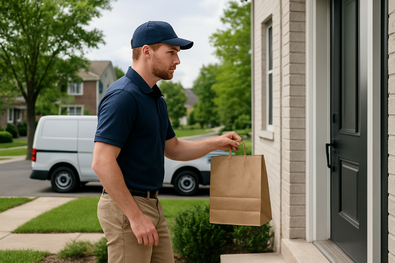 Create a realistic image of a cannabis delivery journey showing a white male delivery driver in casual uniform holding a discrete brown paper bag walking up to a modern New York suburban house doorstep, with a delivery vehicle parked on the street in the background, suburban NY residential setting with a nice neighborhood, natural daylight lighting creating a professional and legitimate business atmosphere, focusing on the final delivery moment of the cannabis order process. Absolutely NO text should be in the scene.