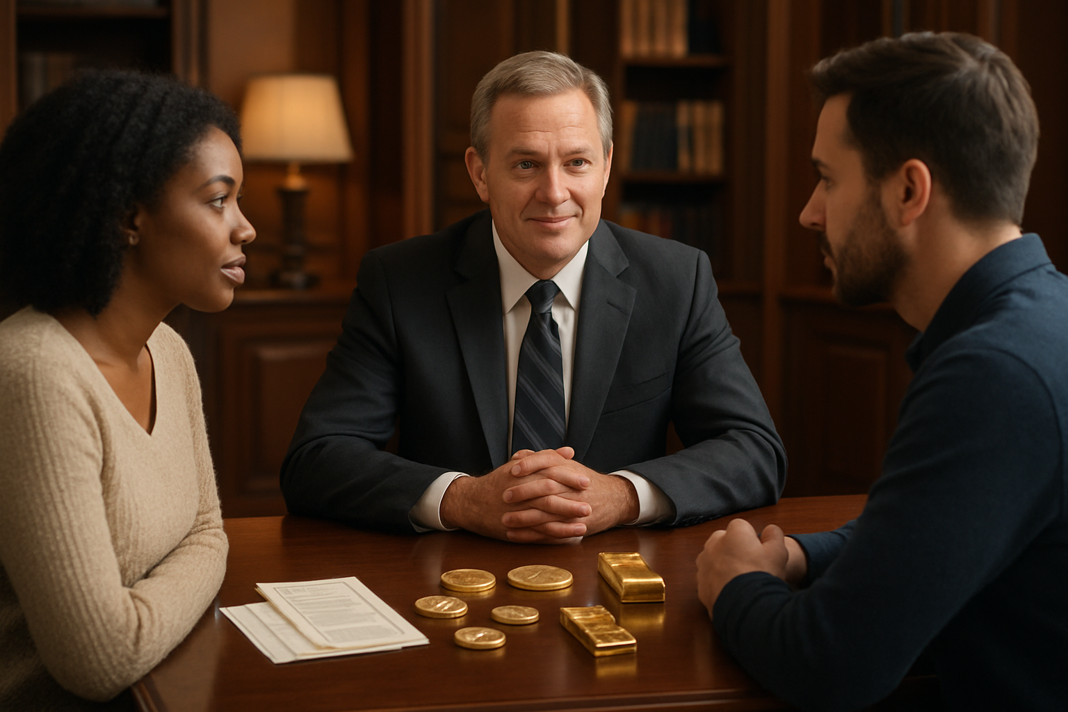 Create a realistic image of a professional gold dealer consultation scene showing a middle-aged white male dealer in a business suit sitting across from a diverse couple (black female and white male) at a polished wooden desk, with various gold bullion coins and bars displayed on the desk surface, certificates and documentation visible nearby, in a well-lit upscale office environment with warm lighting, bookshelves in the background, and a professional atmosphere conveying trust and expertise, absolutely NO text should be in the scene.