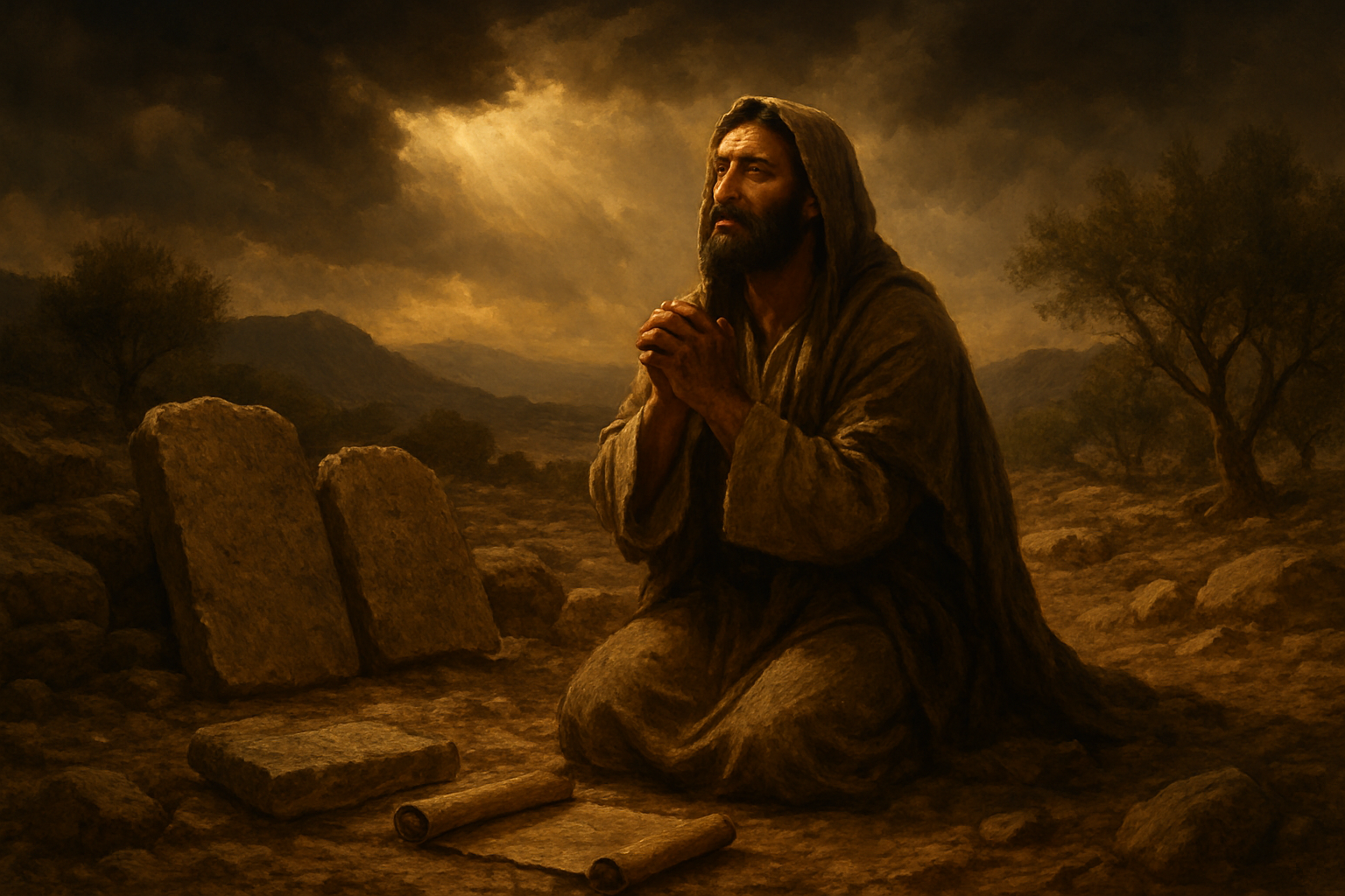 Create a realistic image of an ancient biblical scene showing a middle-eastern male figure kneeling in prayer on rocky ground with his hands clasped, surrounded by weathered stone tablets and an old leather-bound scroll partially unrolled nearby, set against a dramatic desert landscape with golden sunlight breaking through dark storm clouds overhead, creating strong contrast between light and shadow across the scene, with olive trees and distant mountains visible in the background, conveying a sense of divine encounter and spiritual transformation through adversity, rendered in warm earth tones of brown, gold, and deep amber, absolutely NO text should be in the scene.