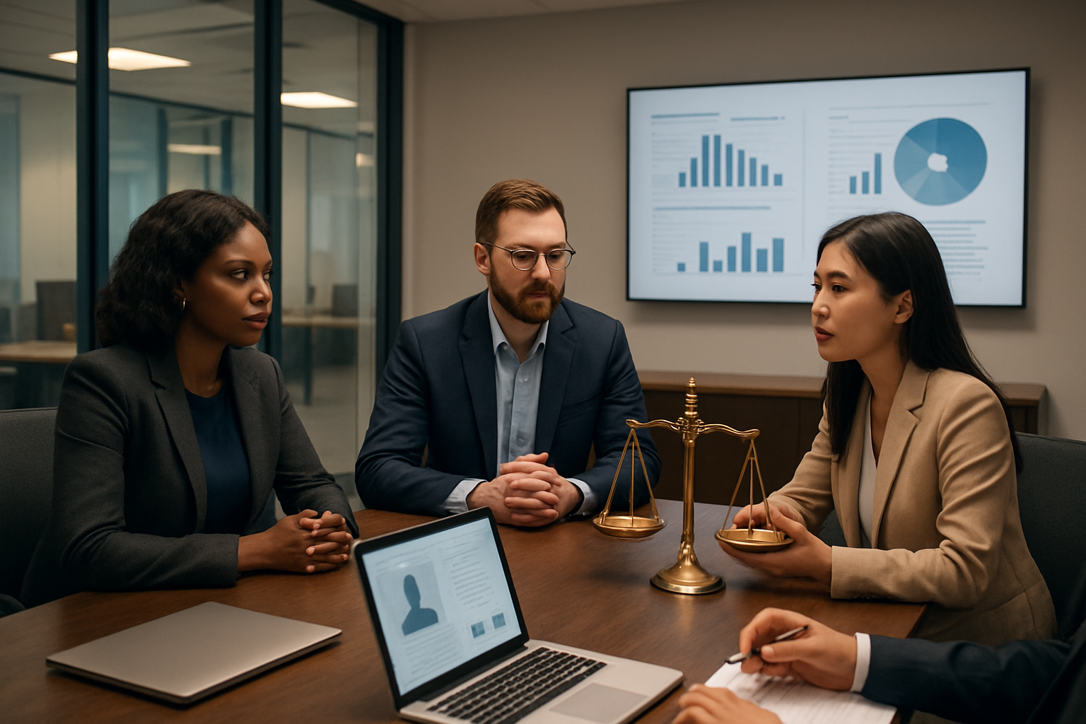 Create a realistic image of a modern office conference room with a diverse group of HR professionals including a black female manager, white male recruiter, and Asian female data analyst sitting around a sleek table discussing AI hiring practices, with balanced scales of justice prominently displayed on the table symbolizing fairness, laptops showing candidate profiles without personal photos, charts displaying demographic data on wall screens, warm professional lighting, clean corporate environment with glass walls, and an atmosphere of thoughtful collaboration and ethical consideration. Absolutely NO text should be in the scene.