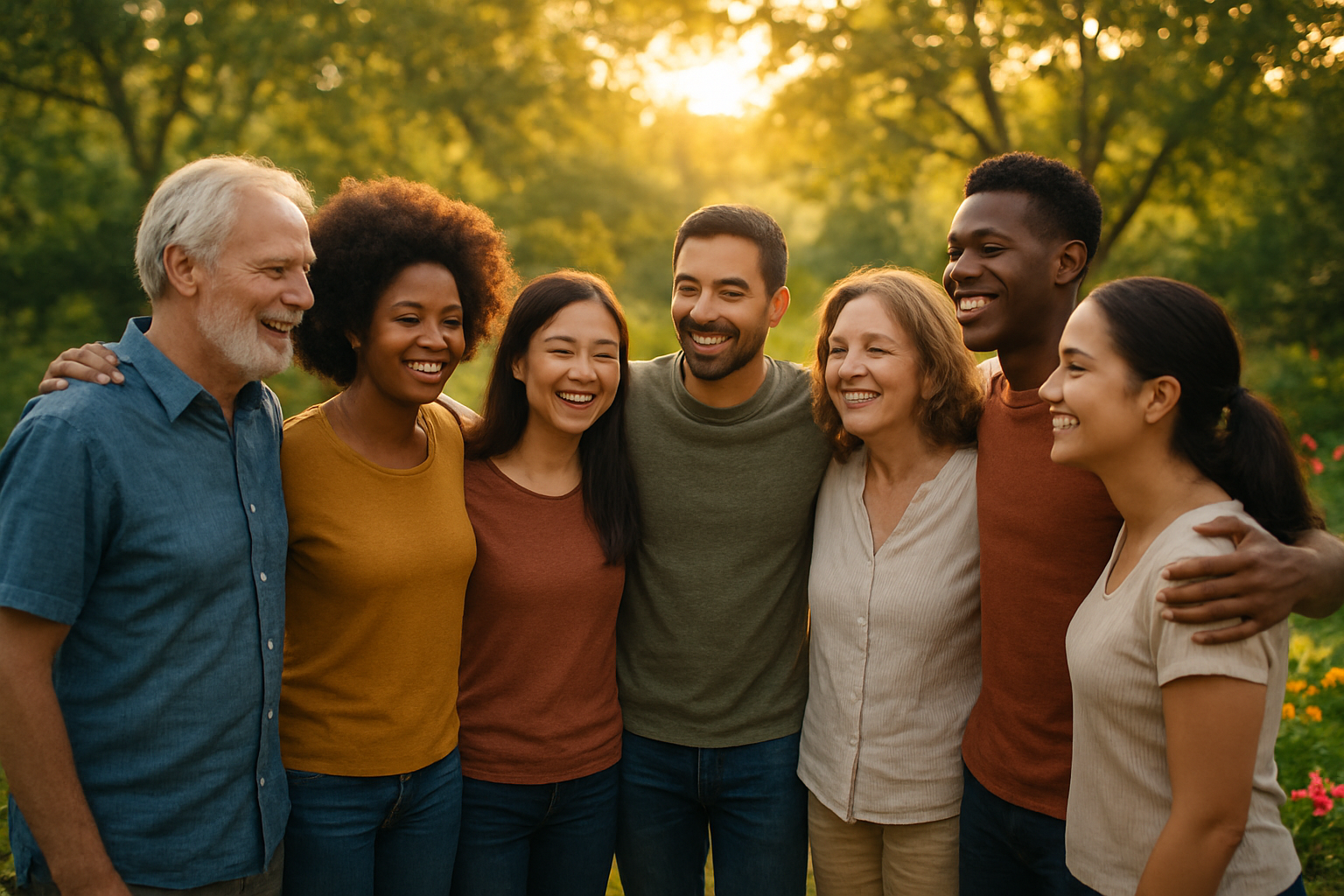 Create a realistic image of a diverse group of people from different racial backgrounds including white, black, Asian, and Hispanic individuals of various ages and genders standing together in a warm, welcoming circle with their arms around each other's shoulders, set in a peaceful outdoor garden setting with soft natural sunlight filtering through trees, creating a harmonious atmosphere that emphasizes unity, love, and community connection across cultural differences, with gentle smiles on their faces showing genuine joy and fellowship, surrounded by colorful flowers and lush greenery that represents the beauty of diversity, with warm golden hour lighting that creates a hopeful and uplifting mood. Absolutely NO text should be in the scene.