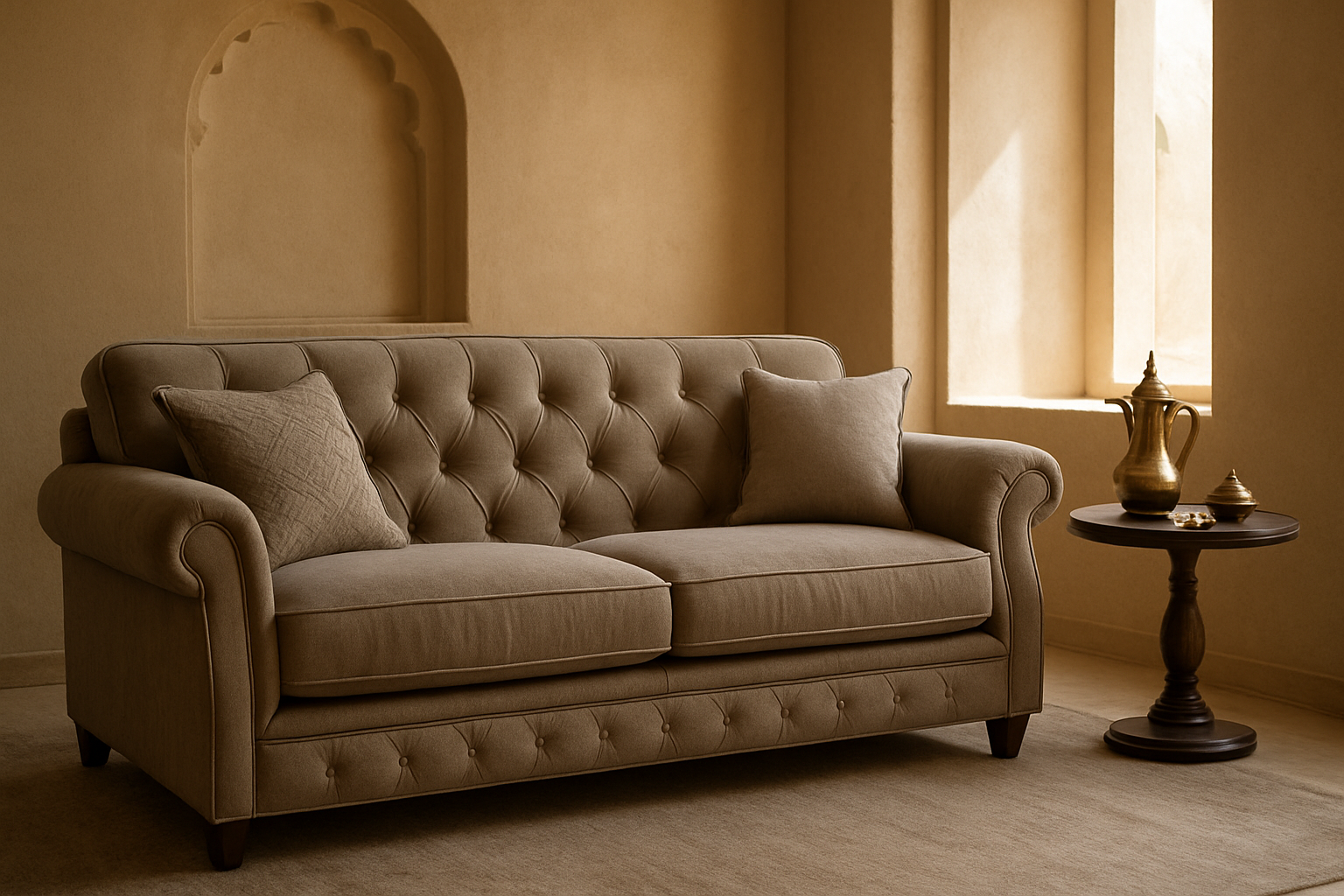 Create a realistic image of a beautifully crafted custom sofa in a modern living room setting in Riyadh, featuring luxurious fabric upholstery with intricate stitching details, positioned against a warm beige wall with traditional Arabic architectural elements visible in the background, soft natural lighting streaming through a window casting gentle shadows on the sofa, showcasing the quality craftsmanship with visible seam work and button tufting, complemented by decorative pillows and a small side table with traditional Saudi decor items, creating an inviting atmosphere that represents the conclusion of professional furniture tailoring services, absolutely NO text should be in the scene.