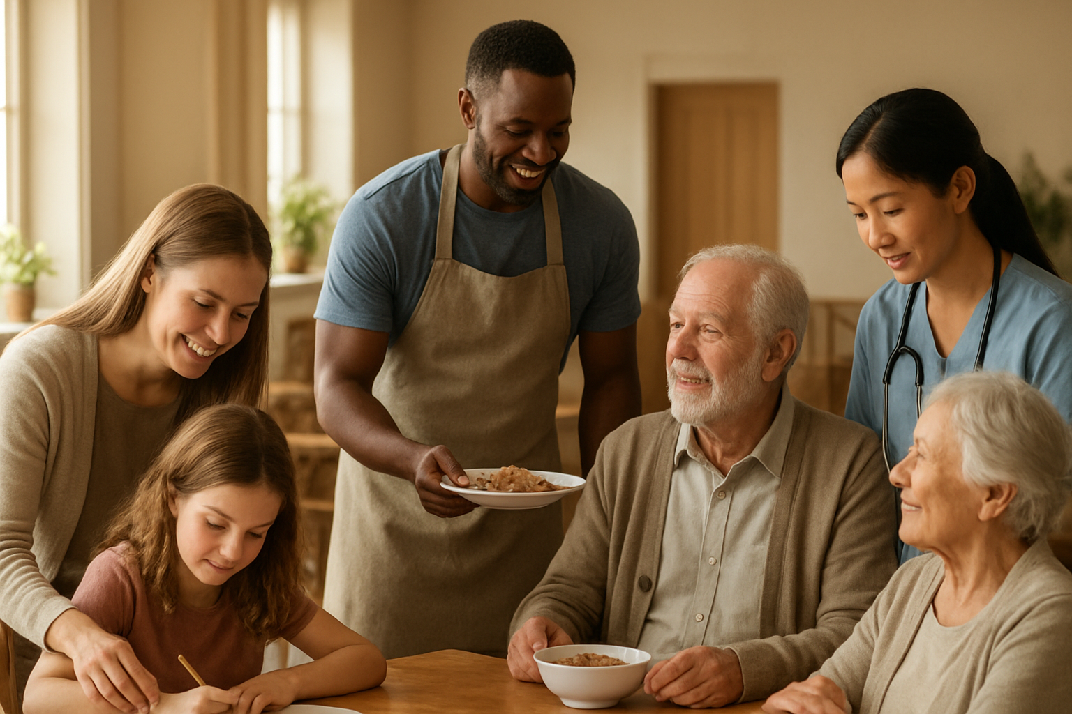 Create a realistic image of a diverse group of people including a white female teacher helping students, a black male volunteer serving food to elderly people, and an Asian female nurse caring for a patient, all shown in a warm community setting with soft natural lighting streaming through windows, depicting acts of kindness, service, and compassion in everyday situations, with gentle expressions of love and care on their faces, set against a background of a community center or church fellowship hall with simple wooden furniture and plants, conveying peace, hope, and Christian values through their actions, absolutely NO text should be in the scene.
