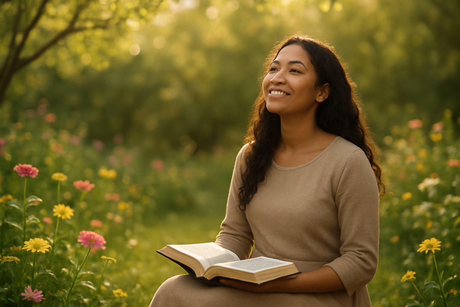 Create a realistic image of a serene Christian woman of mixed ethnicity sitting peacefully in a sunlit garden, holding an open Bible in her lap while looking upward with a gentle smile of contentment, surrounded by blooming flowers and soft natural light filtering through tree branches, creating a warm and hopeful atmosphere that conveys spiritual peace and self-acceptance, with a soft-focus background of lush greenery and a subtle golden hour lighting that emphasizes tranquility and divine connection, absolutely NO text should be in the scene.