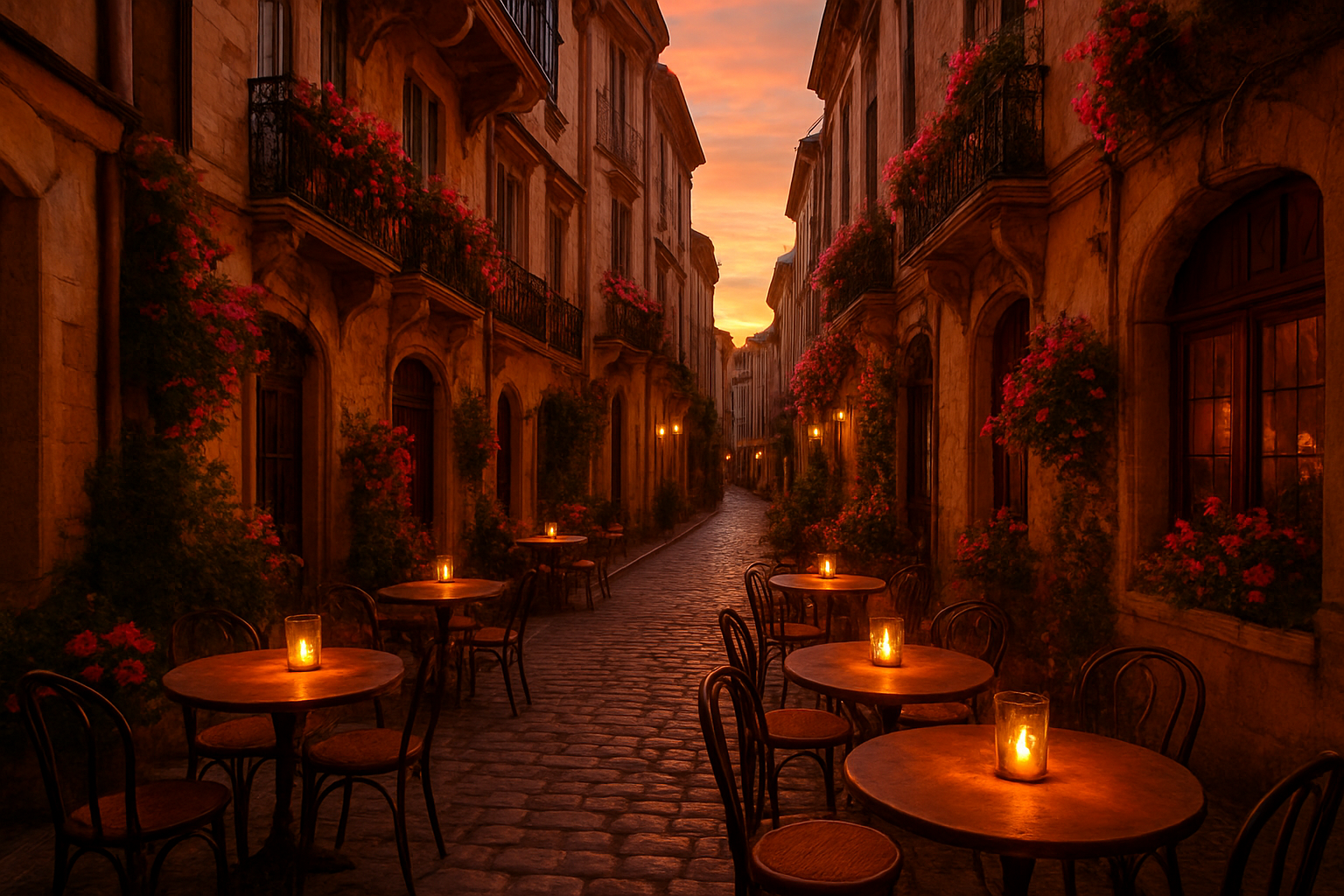 Create a realistic image of a stunning European romantic scene featuring a charming cobblestone street in a historic European city with warm golden sunset lighting, elegant architecture with ornate balconies and flower boxes, intimate outdoor café tables with flickering candles, blooming flowers cascading from window boxes, soft warm amber and rose-colored lighting creating a passionate romantic atmosphere, ancient stone buildings with romantic details, and a dreamy evening ambiance that captures the essence of European romance and passion. Absolutely NO text should be in the scene.