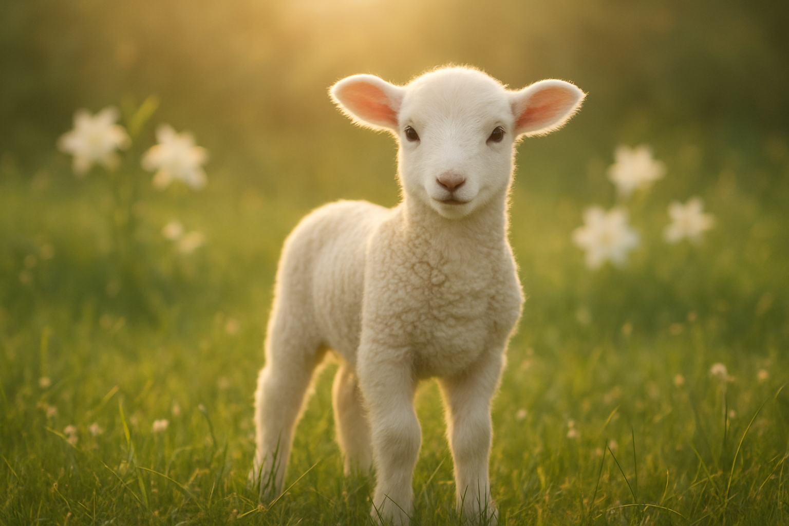Create a realistic image of a peaceful white lamb standing in a serene meadow with soft green grass, gentle sunlight filtering through the scene creating a warm, spiritual atmosphere, with subtle Easter lilies or spring flowers in the background, the lamb positioned prominently in the center looking calm and innocent, soft natural lighting with golden hour tones, absolutely NO text should be in the scene.
