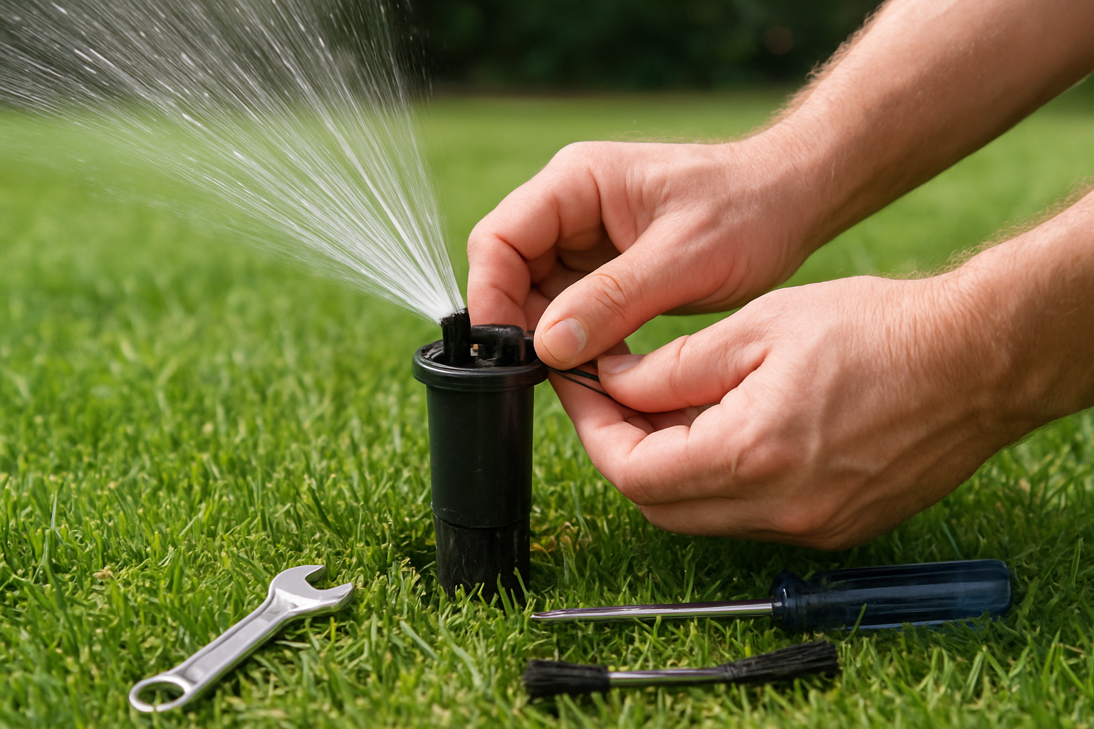 Create a realistic image of a close-up view of a non-rotating sprinkler head in a green lawn with water spraying in a static pattern, surrounded by basic troubleshooting tools including a small wrench, screwdriver, and cleaning brush laid on the grass nearby, with a white male homeowner's hands visible examining the sprinkler mechanism, bright natural daylight lighting, residential backyard setting with well-maintained grass, focused and problem-solving mood, absolutely NO text should be in the scene.