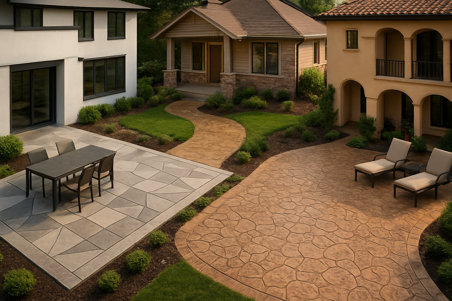 Create a realistic image of multiple stamped concrete patios showcasing different architectural styles, featuring a modern contemporary patio with geometric patterns next to a traditional colonial-style home, a rustic stone-textured stamped concrete area beside a craftsman bungalow, and an elegant decorative stamped patio complementing a Mediterranean villa, all viewed from an elevated angle showing how each concrete design harmoniously matches its respective home's architectural features, with warm natural lighting, lush landscaping, and outdoor furniture appropriate to each style, absolutely NO text should be in the scene.