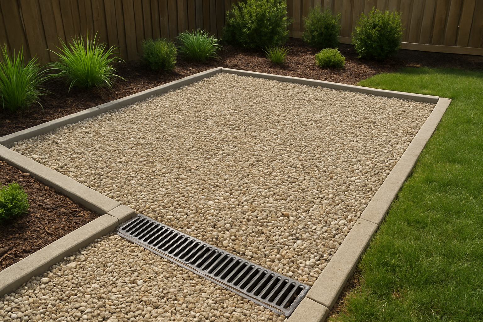Create a realistic image of a well-designed outdoor dog potty area featuring proper drainage solutions to prevent mud formation, showing a clean gravel or pea stone surface with visible drainage channels or grates, surrounded by landscaping borders, with a slight slope directing water flow away from the area, under natural daylight with clear weather conditions, demonstrating an organized and mud-free pet relief zone in a residential backyard setting, absolutely NO text should be in the scene.