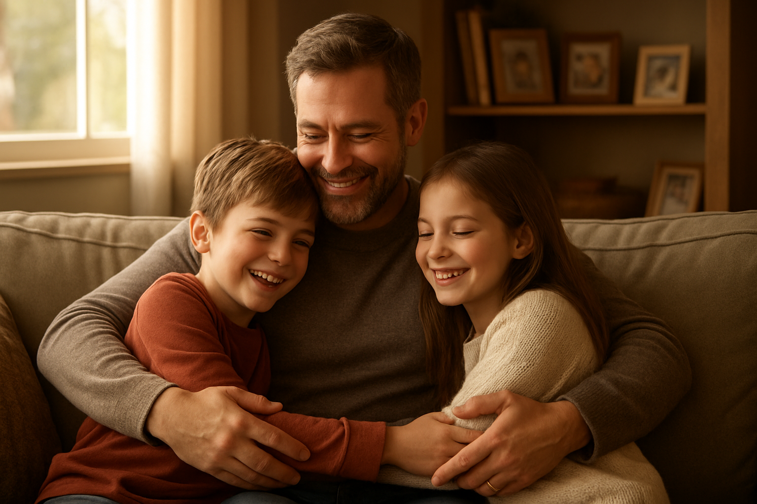 Create a realistic image of a warm, heartwarming scene showing a white middle-aged father sitting on a comfortable couch with his two children (one white boy and one white girl) on either side of him, all smiling and embracing, with soft natural lighting streaming through a window in the background, family photos on nearby shelves, and a cozy living room setting with warm earth tones, conveying love, appreciation, and the timeless bond between fathers and children, absolutely NO text should be in the scene.
