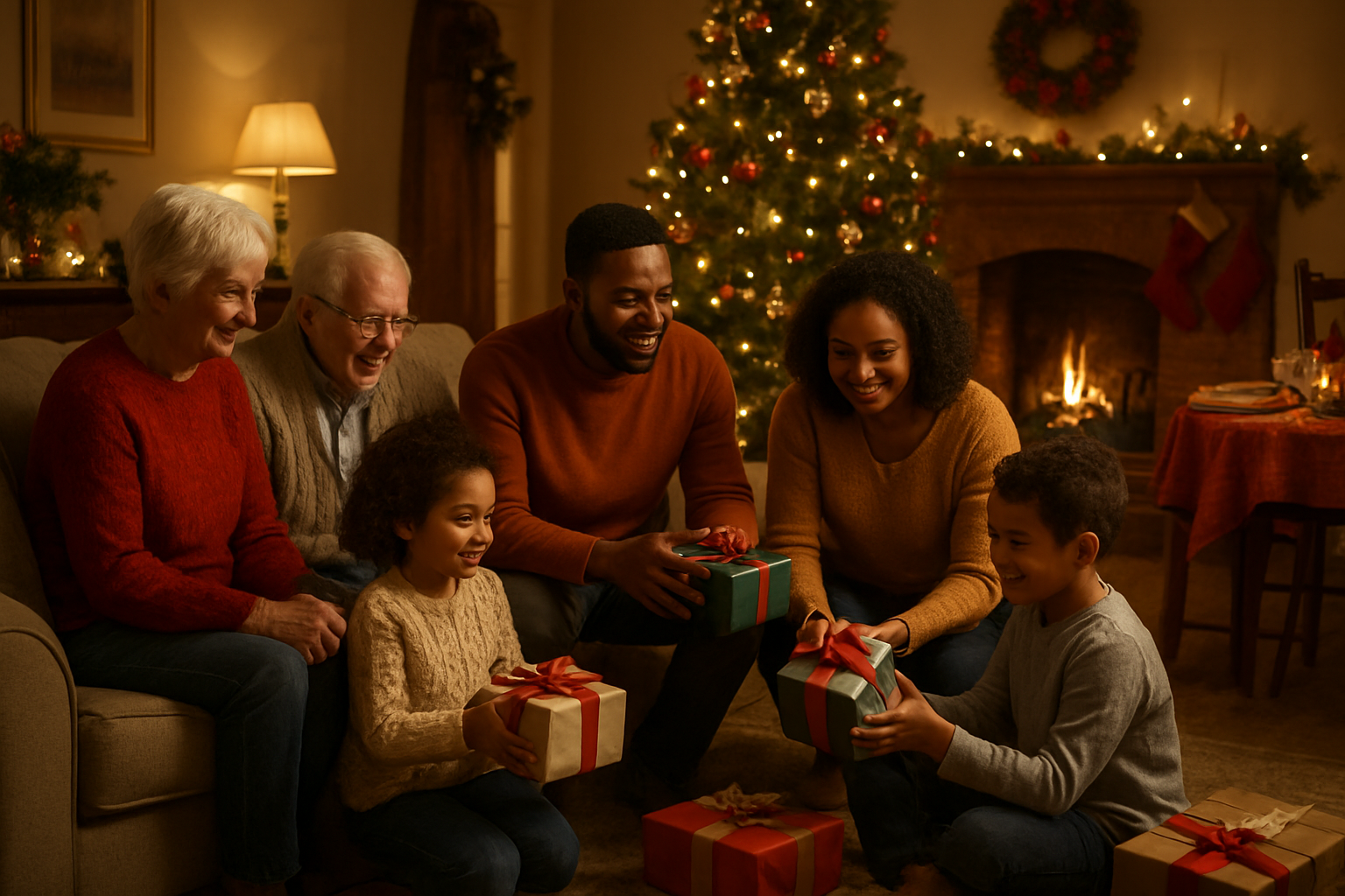 Create a realistic image of a warm, cozy living room during Christmas evening with a diverse multigenerational family including white elderly grandparents, black middle-aged parents, and mixed-race children of various ages gathered together around a beautifully decorated Christmas tree with twinkling lights, featuring a fireplace with stockings hung nearby, a dining table in the background set with festive dinnerware and partially eaten Christmas meal, wrapped gifts scattered under the tree and being exchanged between family members, warm golden lighting from the fireplace and soft lamp light creating an intimate atmosphere, with Christmas decorations throughout the room including garlands, ornaments, and holiday centerpieces, absolutely NO text should be in the scene.