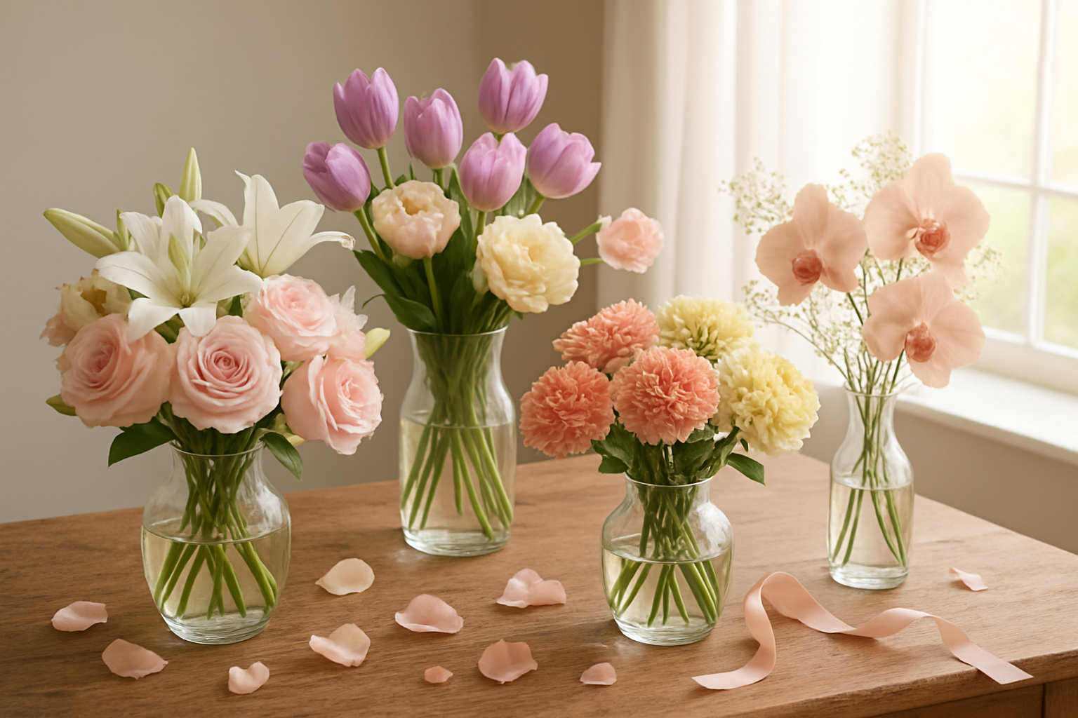 Create a realistic image of an elegant Mother's Day floral arrangement display featuring multiple stunning color combinations including soft pink roses with white lilies, lavender tulips with cream peonies, coral carnations with pale yellow chrysanthemums, and blush-toned orchids with ivory baby's breath, all beautifully arranged in separate vases of varying heights on a rustic wooden table, with natural daylight streaming through a window creating gentle shadows, surrounded by scattered flower petals and delicate ribbon in coordinating pastel shades, shot from a slightly elevated angle to showcase the harmonious color palette and sophisticated styling, absolutely NO text should be in the scene.