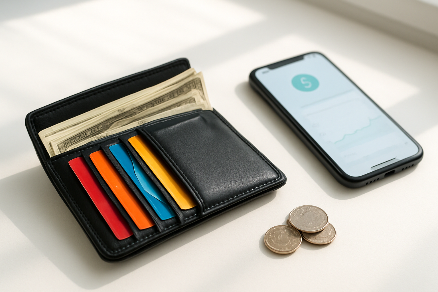 Create a realistic image of a modern wallet opened to reveal multiple colorful airline loyalty cards and credit cards alongside folded cash bills, positioned on a clean white desk surface next to a smartphone displaying a mobile banking app with savings account balance, with soft natural lighting from a nearby window creating gentle shadows, and a small stack of coins scattered nearby, conveying financial savings and benefits, absolutely NO text should be in the scene.