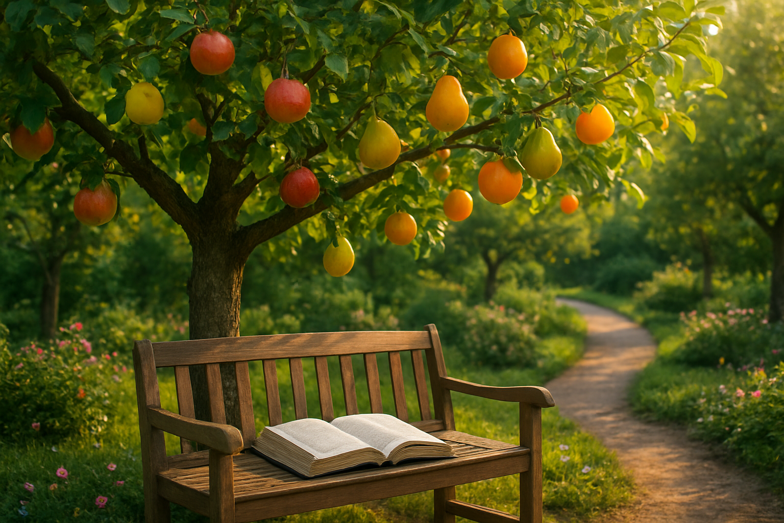 Create a realistic image of a peaceful garden scene with a mature fruit tree in full bloom displaying various colorful fruits including apples, pears, and oranges growing abundantly on healthy branches, with an open Bible resting on a wooden bench beneath the tree, soft golden sunlight filtering through the leaves creating gentle shadows on the ground, a serene pathway winding through the garden with small flowering plants along the borders, conveying a sense of spiritual growth, abundance, and peaceful reflection in a natural setting that symbolizes the cultivation of spiritual fruits through faith and devotion, absolutely NO text should be in the scene.