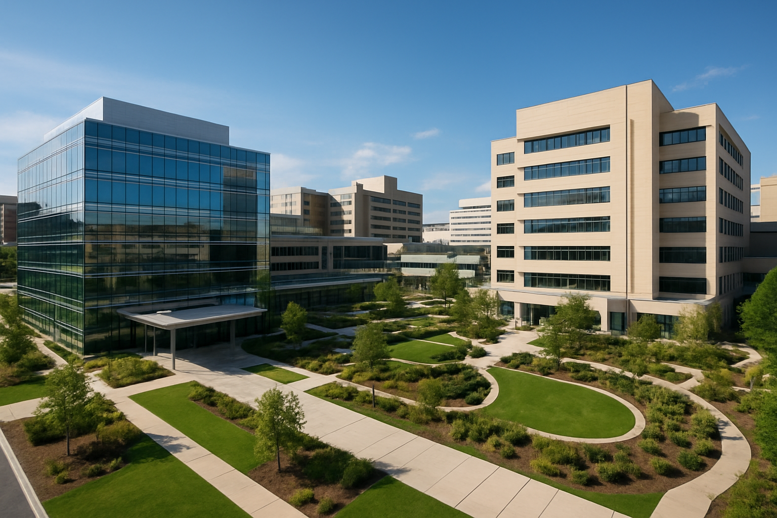 Create a realistic image of multiple modern hospital buildings from different regions across America, showing a diverse architectural landscape with a large medical campus in the foreground featuring glass and steel structures, several mid-rise hospital towers with healing gardens, and various regional healthcare facilities visible in the background, all connected by clean pathways and surrounded by well-maintained landscaping, with a clear blue sky and professional healthcare atmosphere conveying comprehensive medical coverage, absolutely NO text should be in the scene.