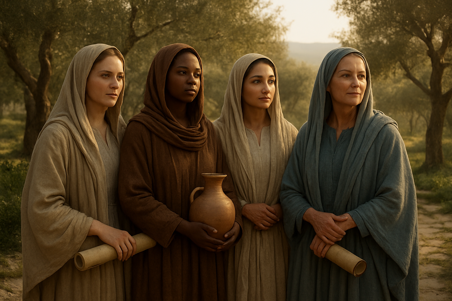 Create a realistic image of diverse women of different races (white, black, Middle Eastern) in modest biblical-era clothing including head coverings and flowing robes, standing together in a peaceful garden setting with olive trees and stone pathways, soft golden hour lighting creating a warm and reverent atmosphere, the women displaying expressions of wisdom, strength, and grace while some hold scrolls or pottery, with a serene Middle Eastern landscape visible in the background, absolutely NO text should be in the scene.
