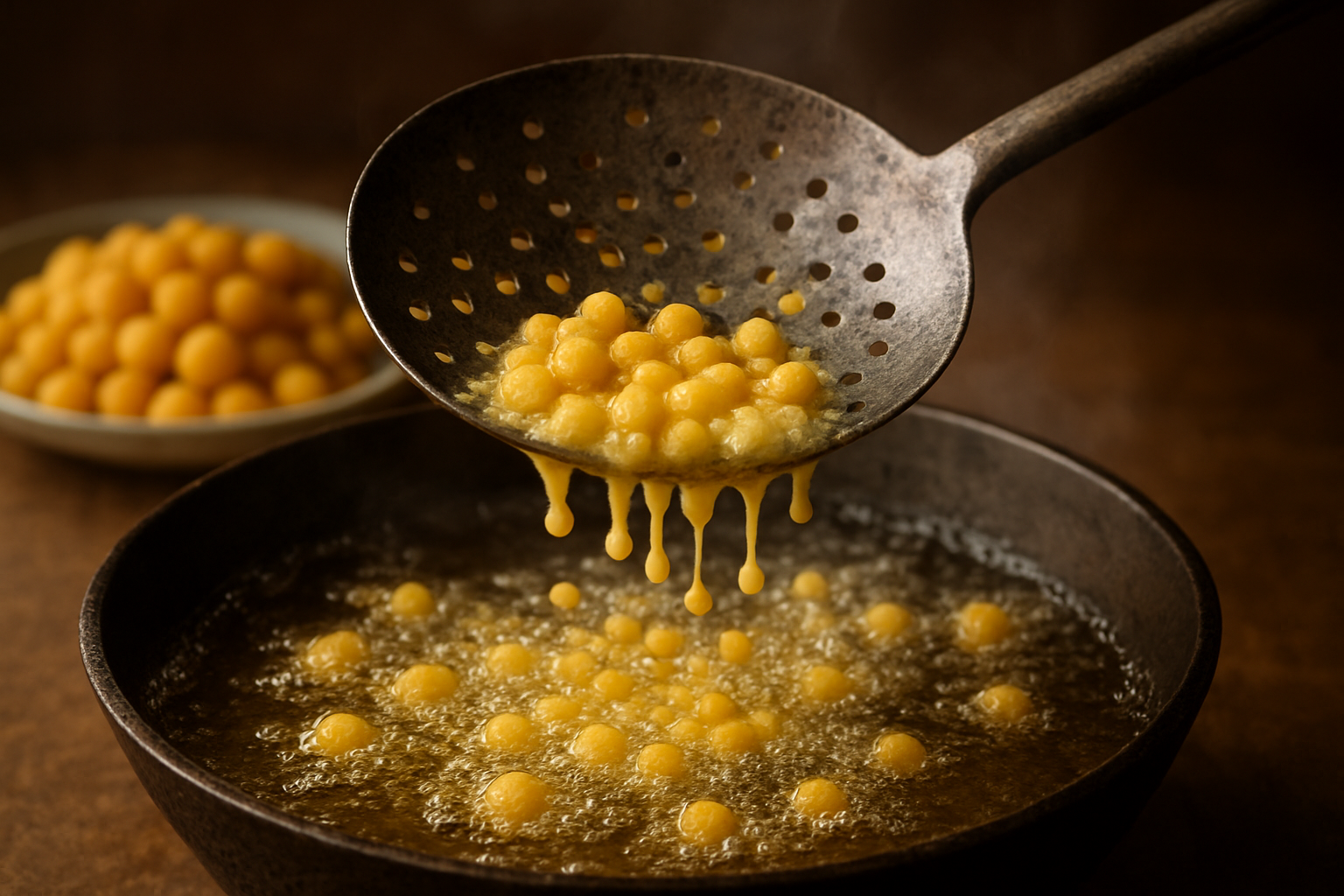 Create a realistic image of tiny golden yellow motichoor pearls being formed through a perforated ladle or sieve, with hot oil bubbling below and gram flour batter dripping through the holes to create perfectly round small spheres, showing the traditional technique of making motichoor with steam rising from the oil and scattered finished pearls on a plate nearby, captured in warm kitchen lighting with a focused view on the sieving process. Absolutely NO text should be in the scene.
