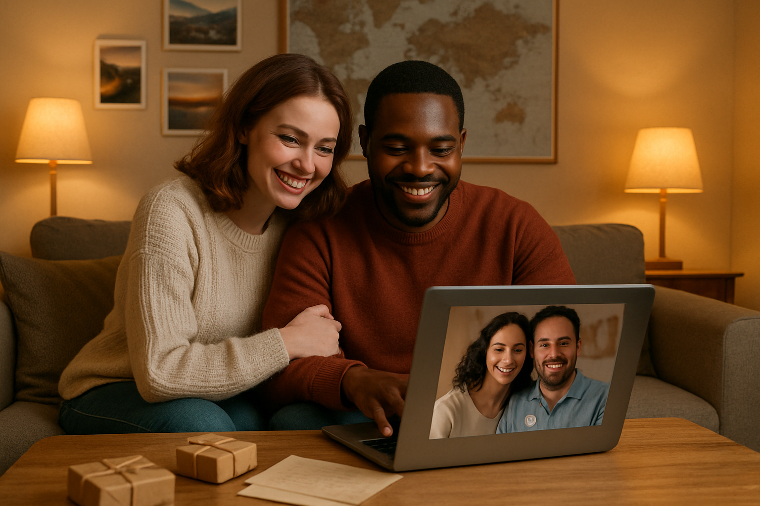 Create a realistic image of a white female and black male couple sitting together on a cozy couch, both looking at a laptop screen with warm smiles, showing video call interface with another couple visible on screen, surrounded by soft ambient lighting from table lamps, with travel photos and a world map on the wall behind them, small gift boxes and handwritten letters on a nearby coffee table, creating an intimate and hopeful atmosphere that represents successful long-distance relationship connection and planning for the future, absolutely NO text should be in the scene.
