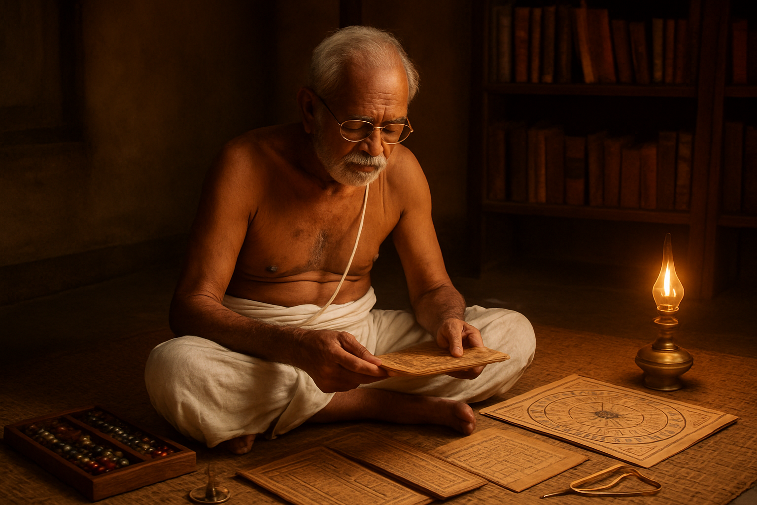 Create a realistic image of an elderly South Asian male astrologer with traditional white dhoti and sacred thread sitting cross-legged on a woven mat, carefully studying ancient palm leaf manuscripts and astronomical charts spread before him, with traditional brass instruments like compass and measuring tools nearby, wooden abacus with colorful beads, and Sanskrit numerical calculations visible on parchment, warm golden lighting from an oil lamp creating soft shadows, traditional Indian home interior with wooden shelves containing old books in the background, peaceful and scholarly atmosphere, absolutely NO text should be in the scene.