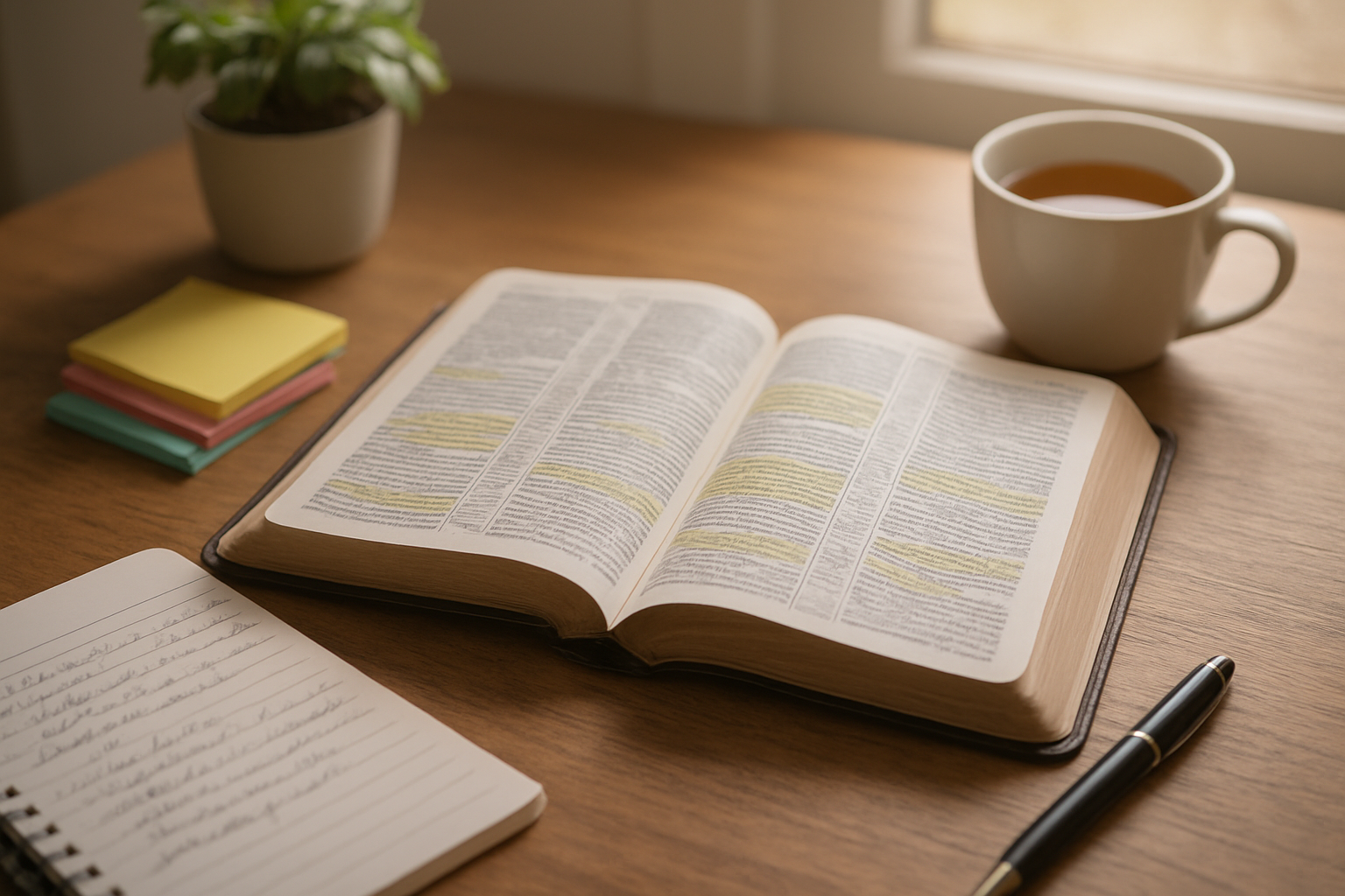 Create a realistic image of an open Bible with highlighted passages about biblical women, surrounded by study materials including colorful sticky notes, a notebook with handwritten notes, and a pen, placed on a wooden desk with soft natural lighting from a window, creating a warm and inspiring atmosphere for Bible study, with a small potted plant and a cup of tea in the background. Absolutely NO text should be in the scene.
