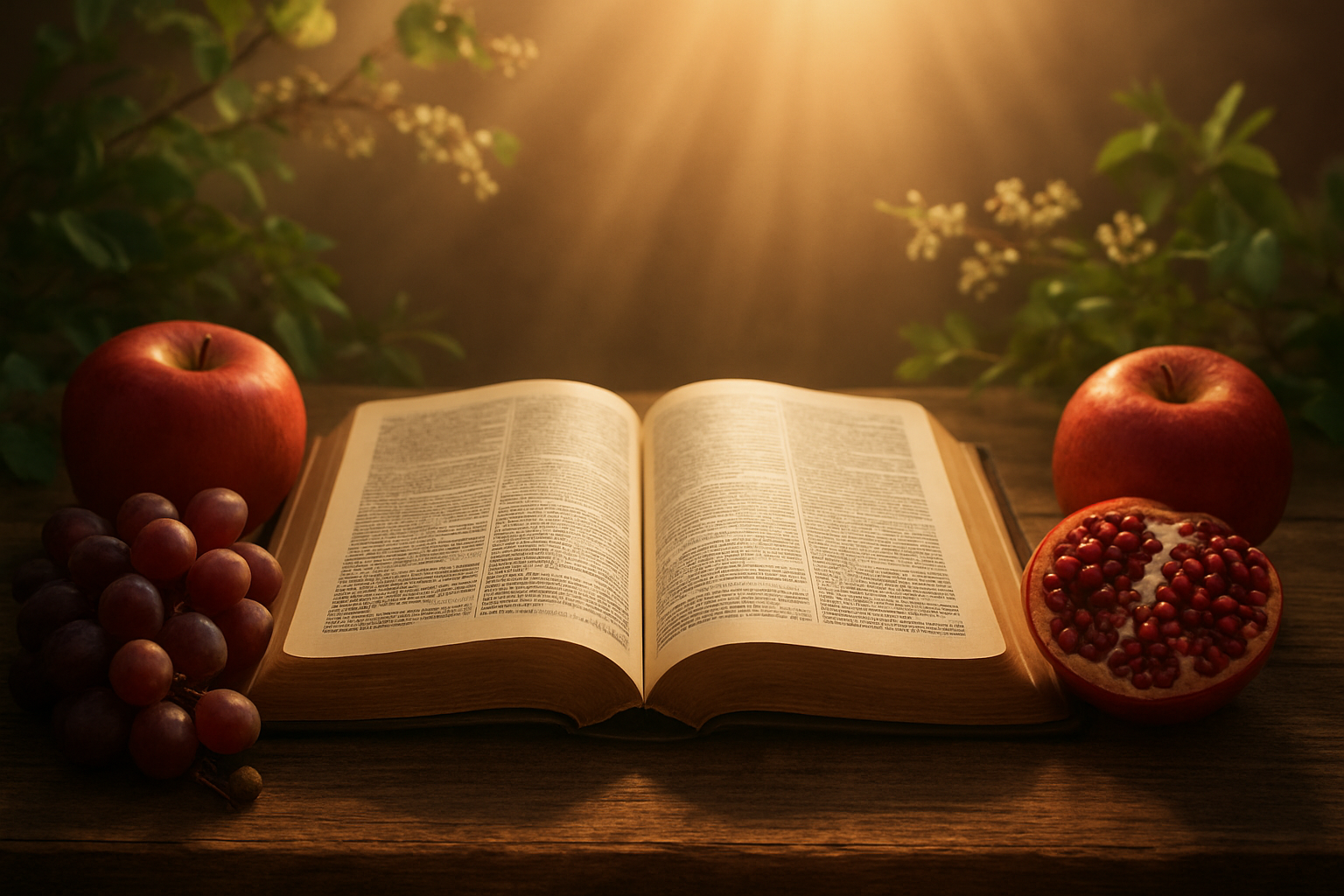 Create a realistic image of an open Bible with its pages gently illuminated by warm, golden sunlight streaming from above, with fresh ripe fruits including grapes, apples, and pomegranates artfully arranged around the sacred book on a rustic wooden table, surrounded by soft green foliage and delicate flowering branches, creating a peaceful and spiritual atmosphere with warm natural lighting that emphasizes the connection between divine scripture and the spiritual fruits it teaches about, absolutely NO text should be in the scene.
