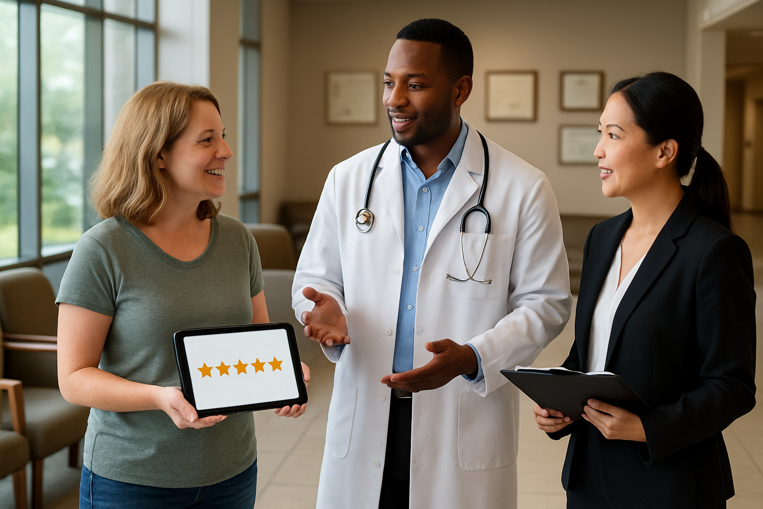 Create a realistic image of a diverse group of people including a white female patient in casual clothes holding a tablet showing review stars, a black male doctor in a white coat with a stethoscope around his neck gesturing while speaking, and an Asian female healthcare administrator in business attire holding a clipboard, all positioned in a modern hospital lobby with comfortable seating, large windows with natural lighting, medical certificates and awards displayed on walls in the background, conveying a professional yet welcoming atmosphere where patients can gather information and recommendations about healthcare services, with soft natural lighting creating a trustworthy and reassuring mood, absolutely NO text should be in the scene.